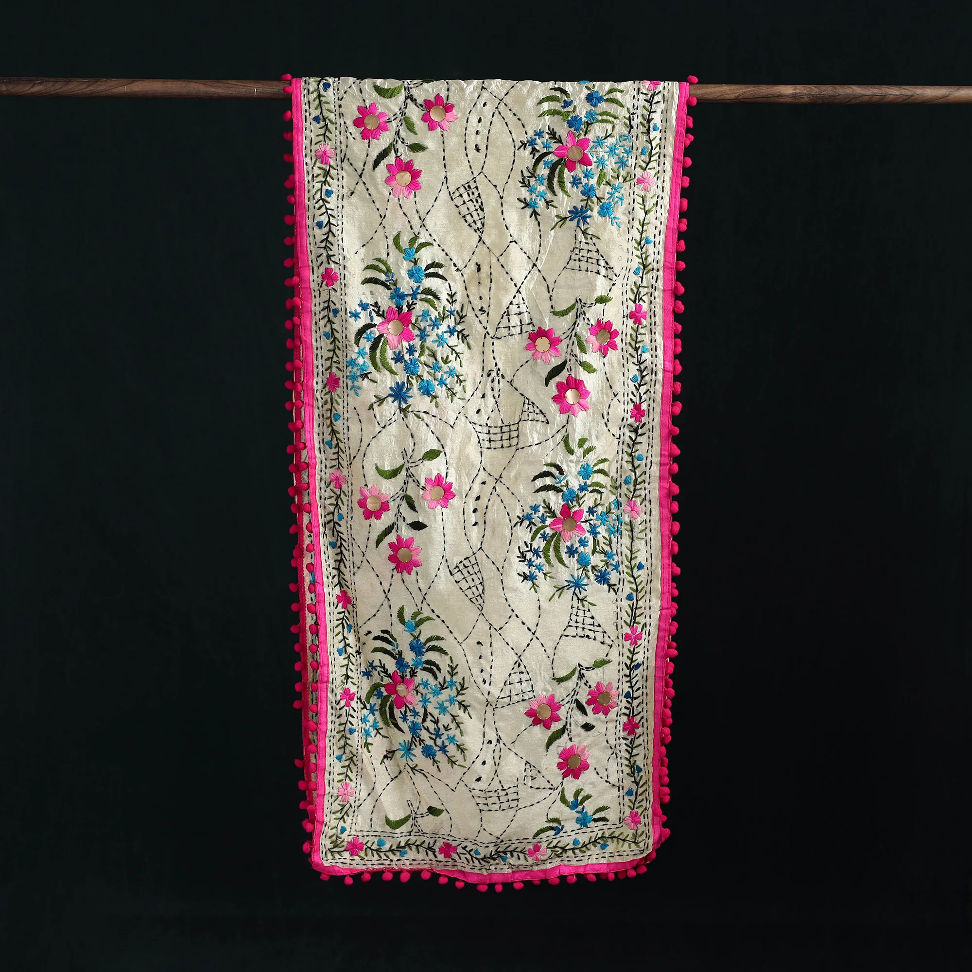 Beige - Ranihati Chanderi Silk Hand Embroidered Stole with Pom Pom 283 - Image 3