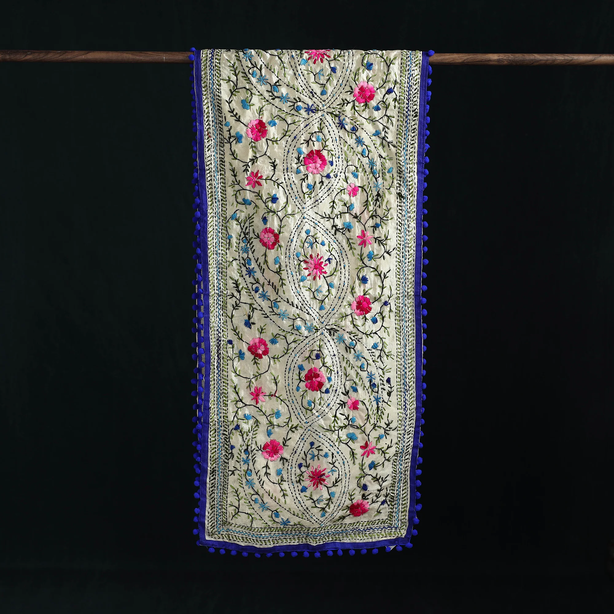 Beige - Ranihati Chanderi Silk Hand Embroidered Stole with Pom Pom 288 - Image 3