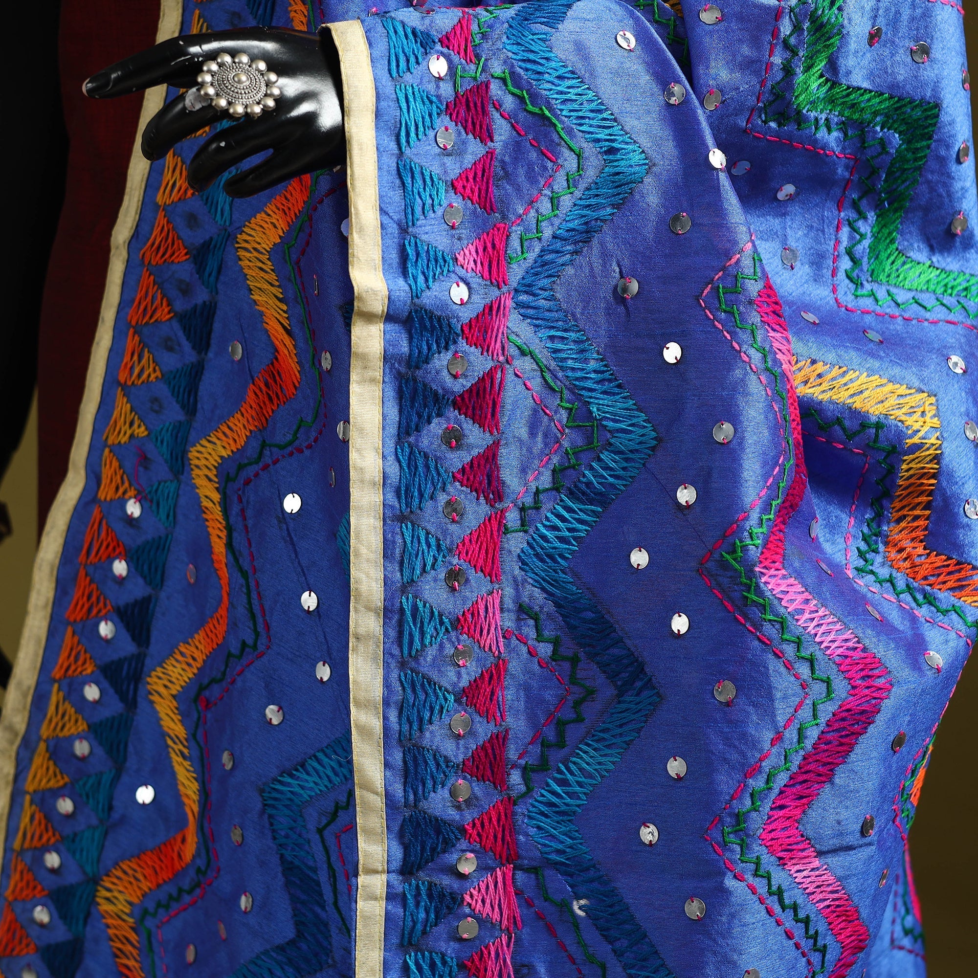 Blue - Ranihati Chanderi Silk Zig Zag Hand Embroidery Dupatta 06 - Image 3