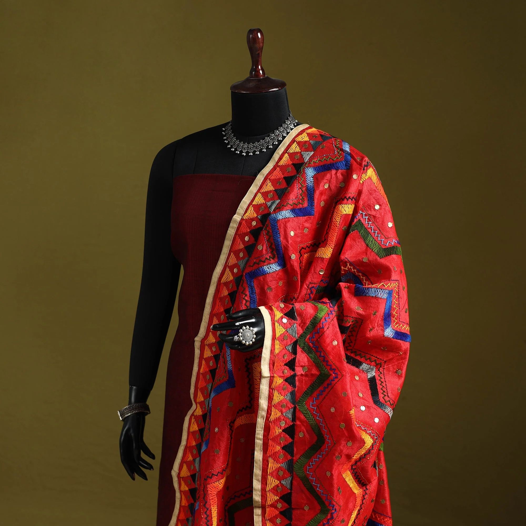 Red - Ranihati Chanderi Silk Zig Zag Hand Embroidery Dupatta 11 - Image 2