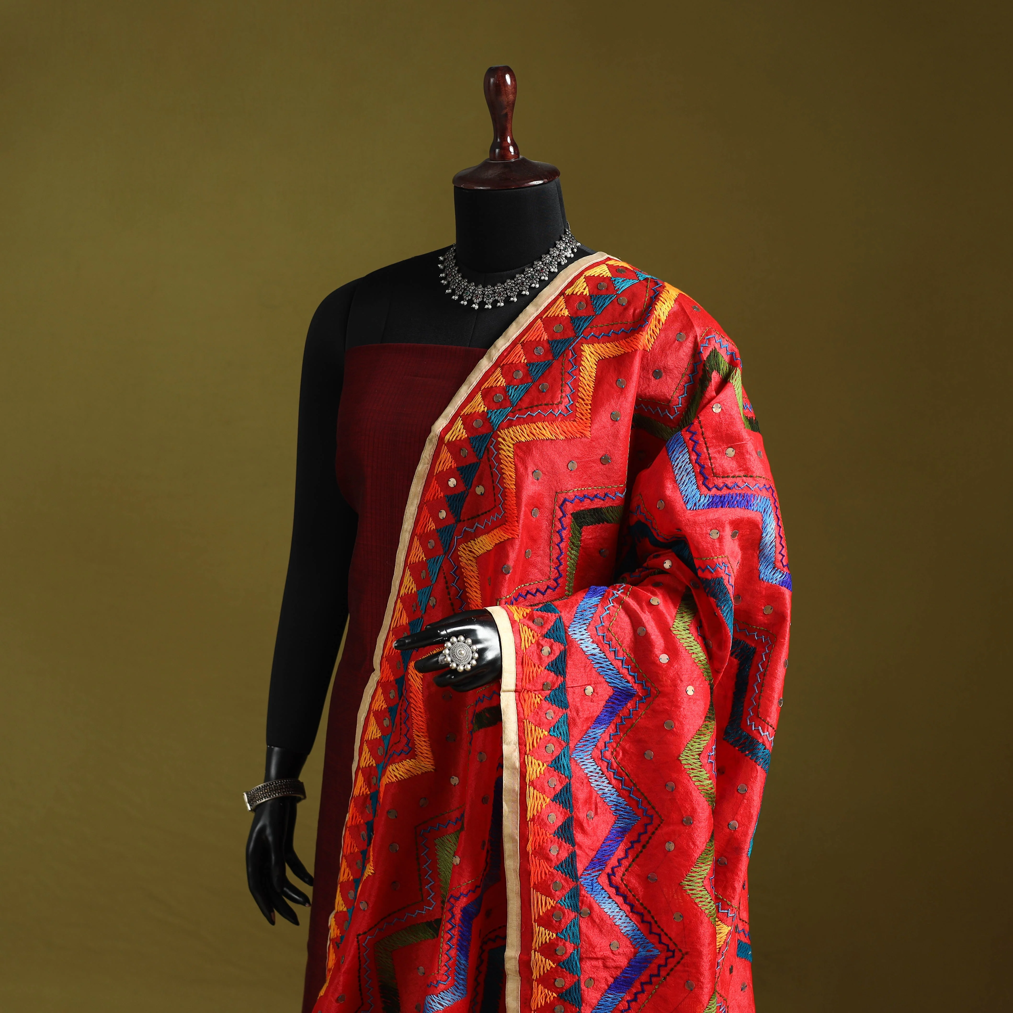 Red - Ranihati Chanderi Silk Zig Zag Hand Embroidery Dupatta 22 - Image 2