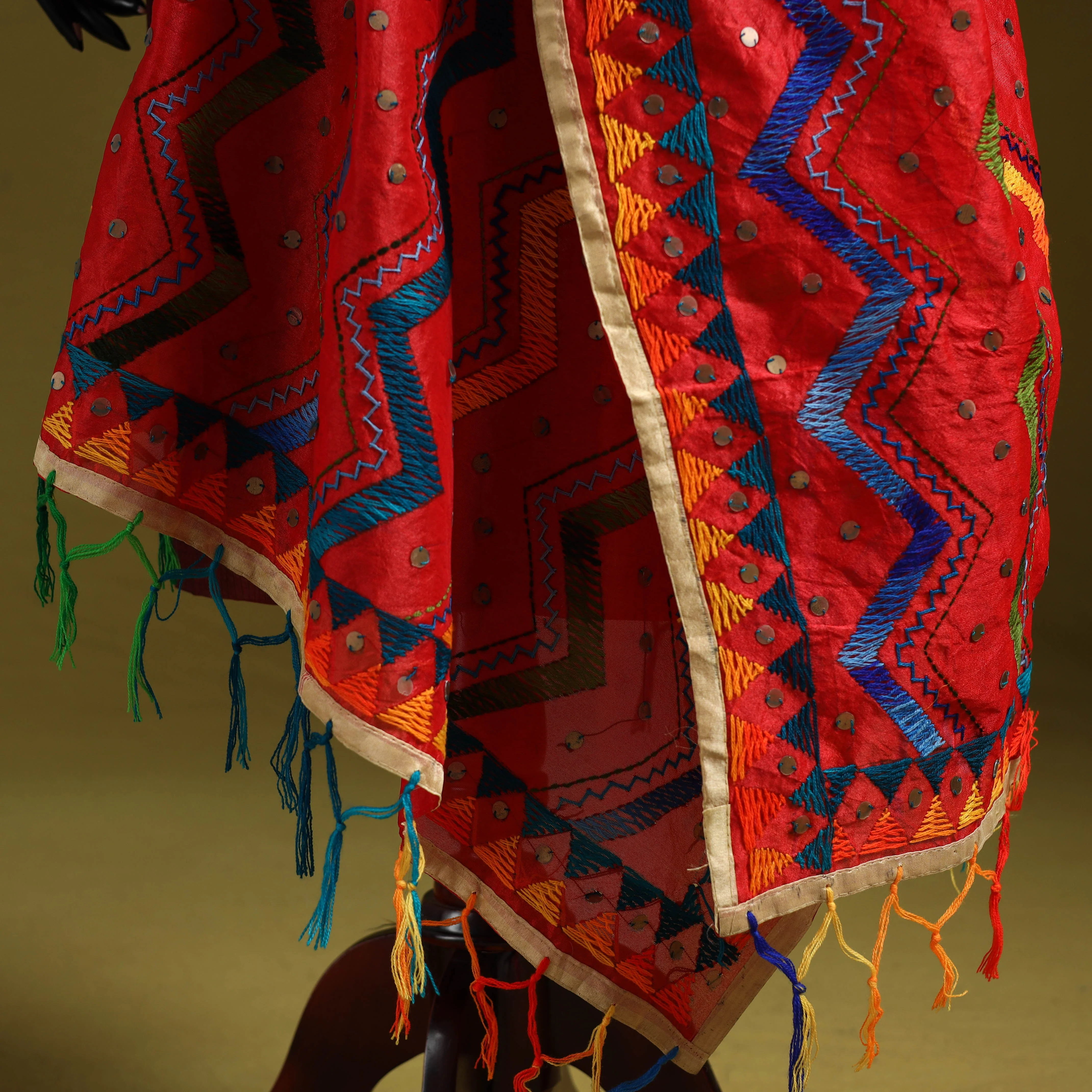 Red - Ranihati Chanderi Silk Zig Zag Hand Embroidery Dupatta 22 - Image 4