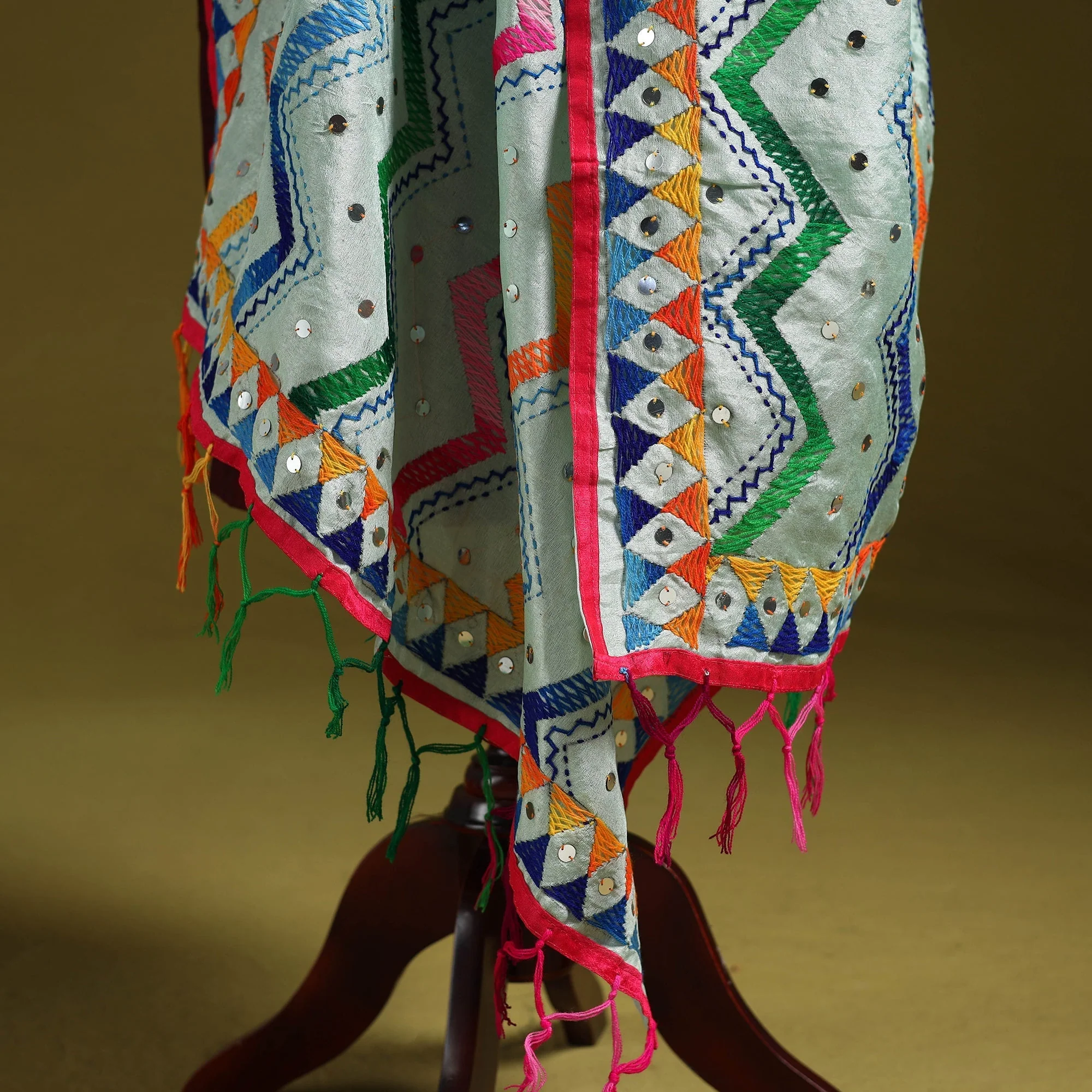 Green - Ranihati Chanderi Silk Zig Zag Hand Embroidery Dupatta 27 - Image 4