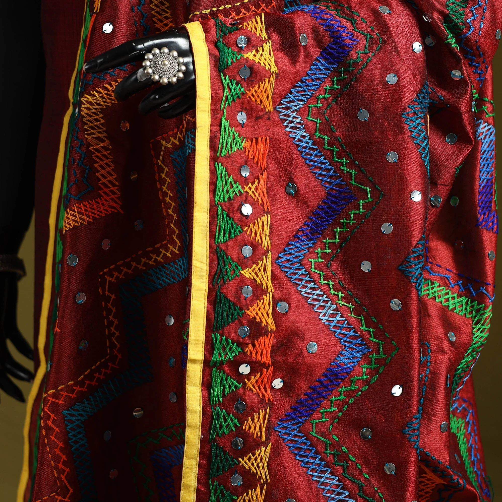 Red - Ranihati Chanderi Silk Zig Zag Hand Embroidery Dupatta 28 - Image 3