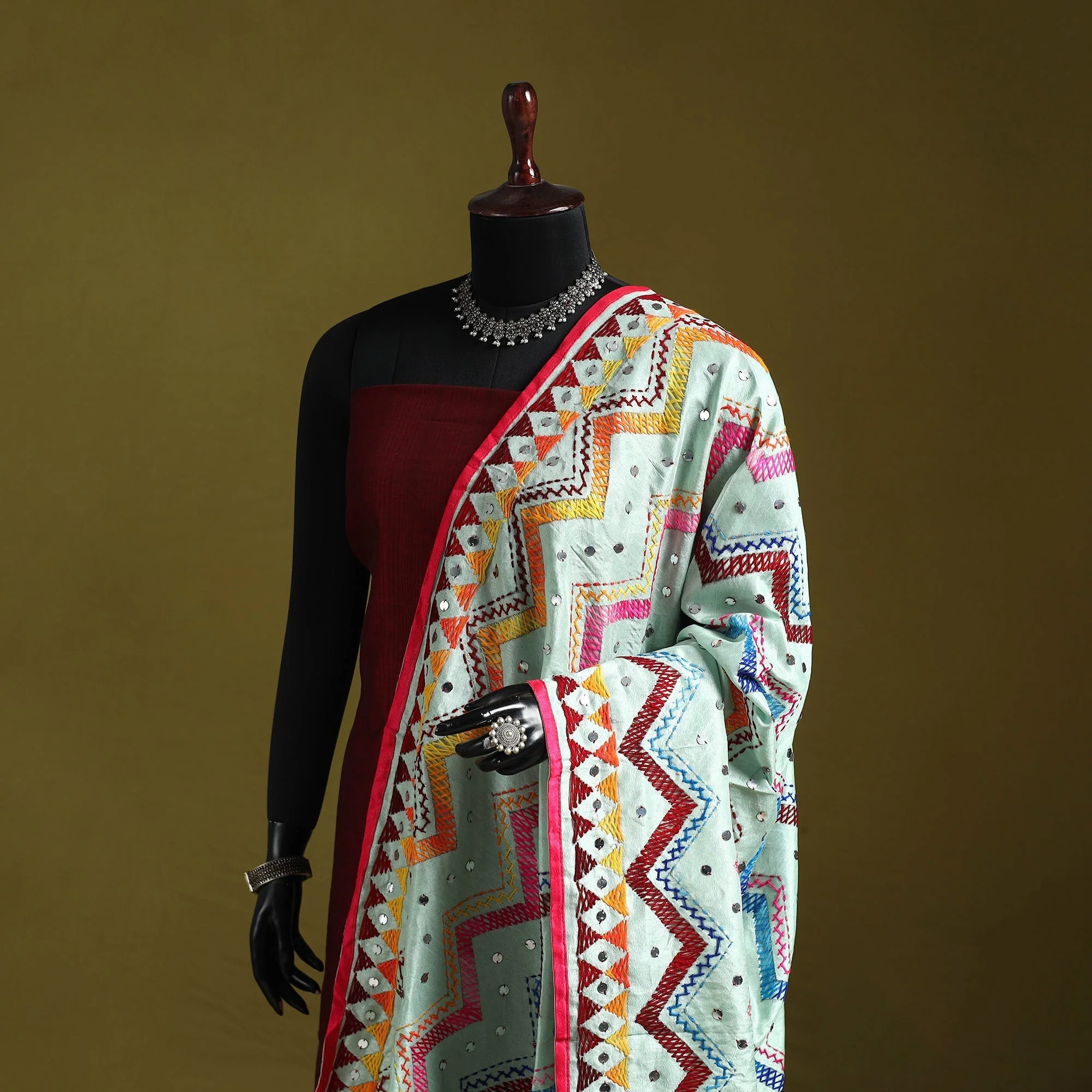 Green - Ranihati Chanderi Silk Zig Zag Hand Embroidery Dupatta  29 - Image 2
