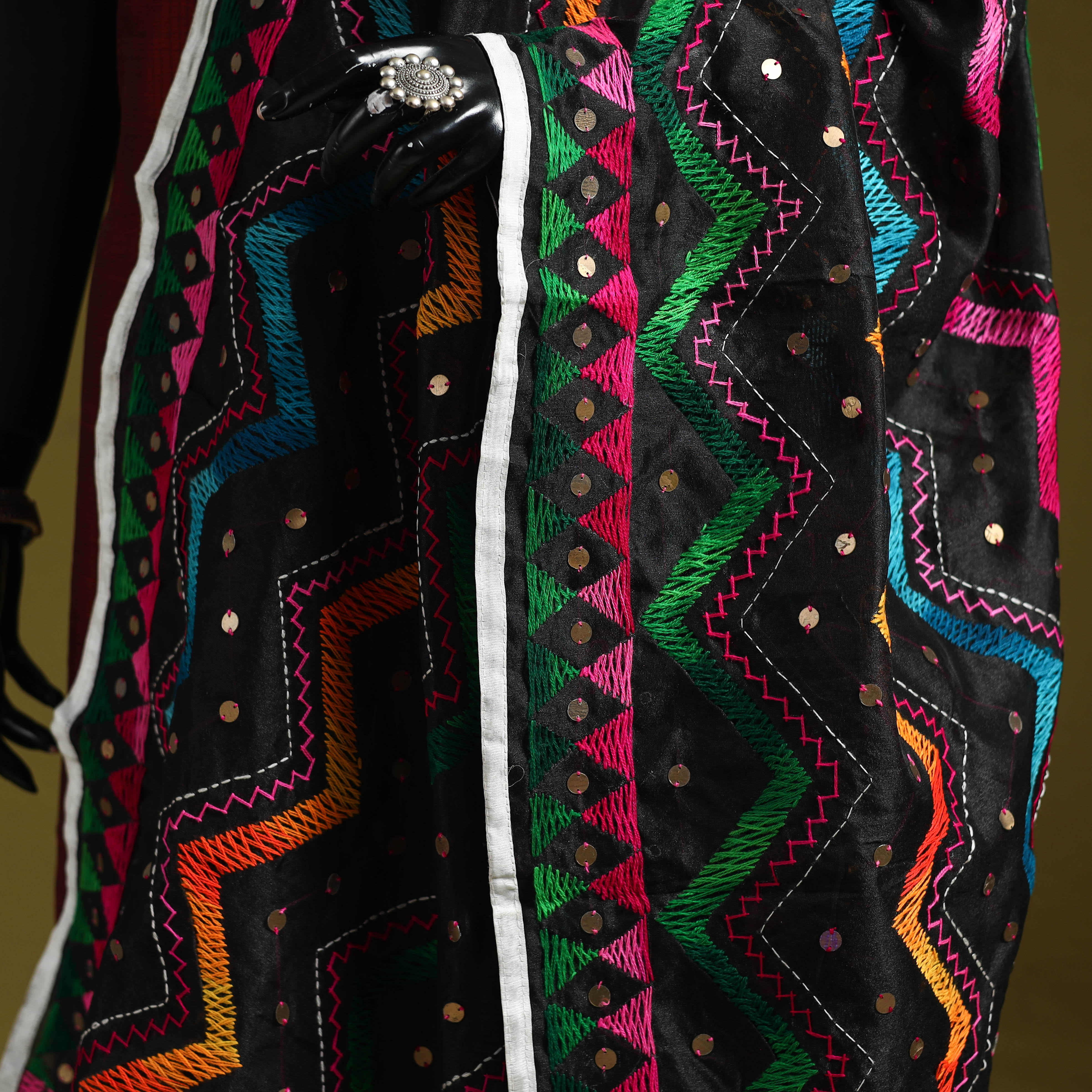 Black - Ranihati Chanderi Silk Zig Zag Hand Embroidery Dupatta 36 - Image 3