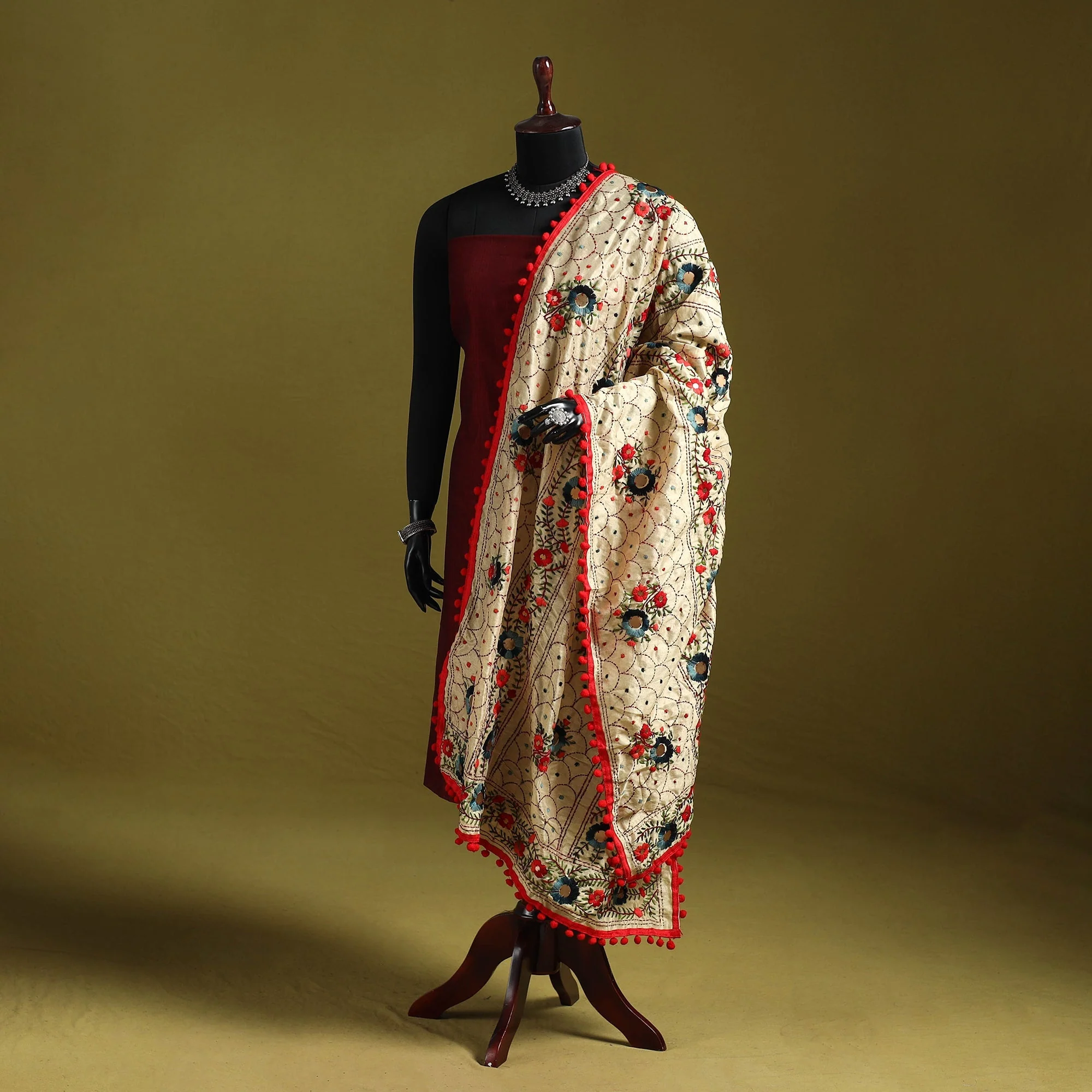 Beige - Ranihati Chapa Work Chanderi Silk Hand Embroidery Dupatta 121