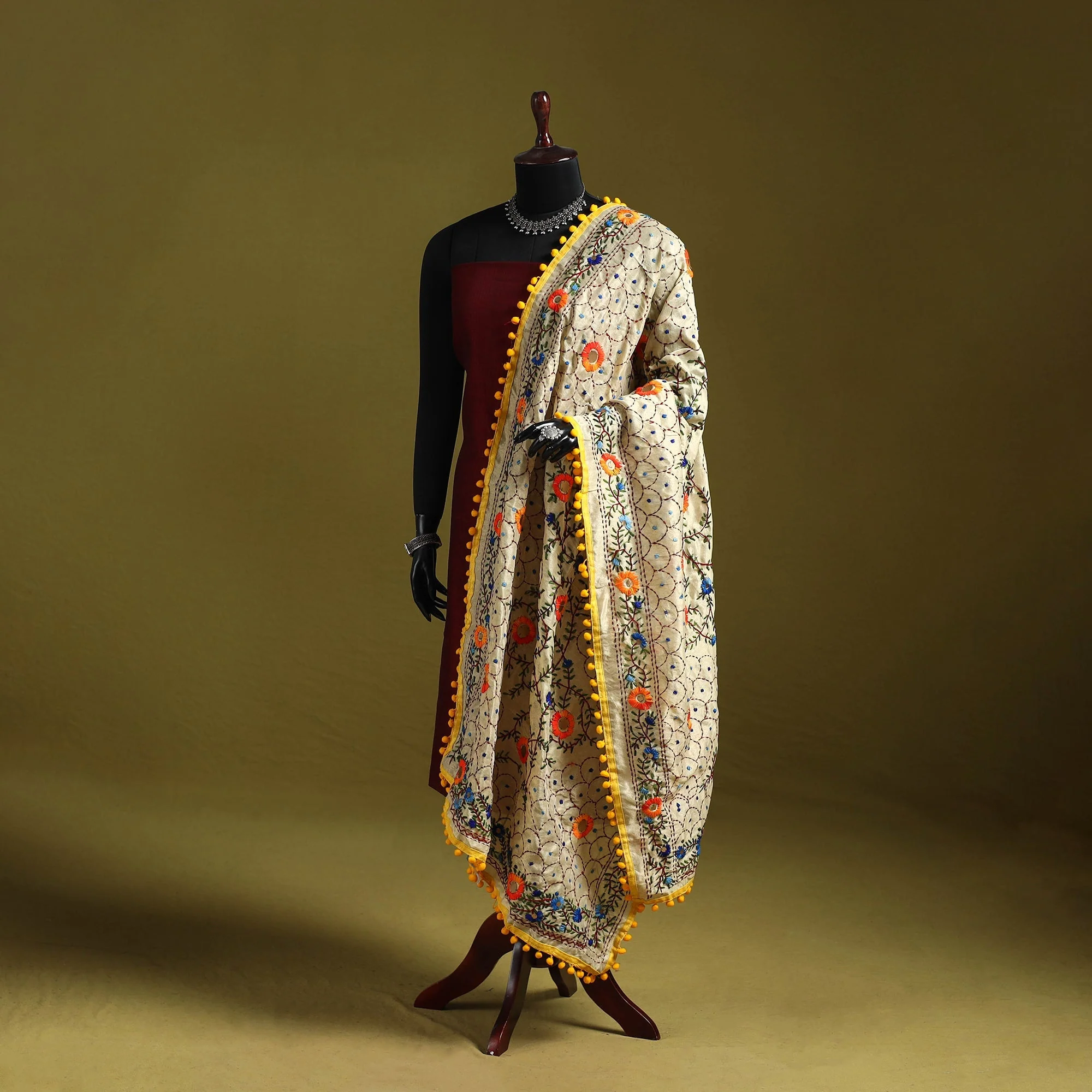 Beige - Ranihati Chapa Work Chanderi Silk Hand Embroidery Dupatta 123