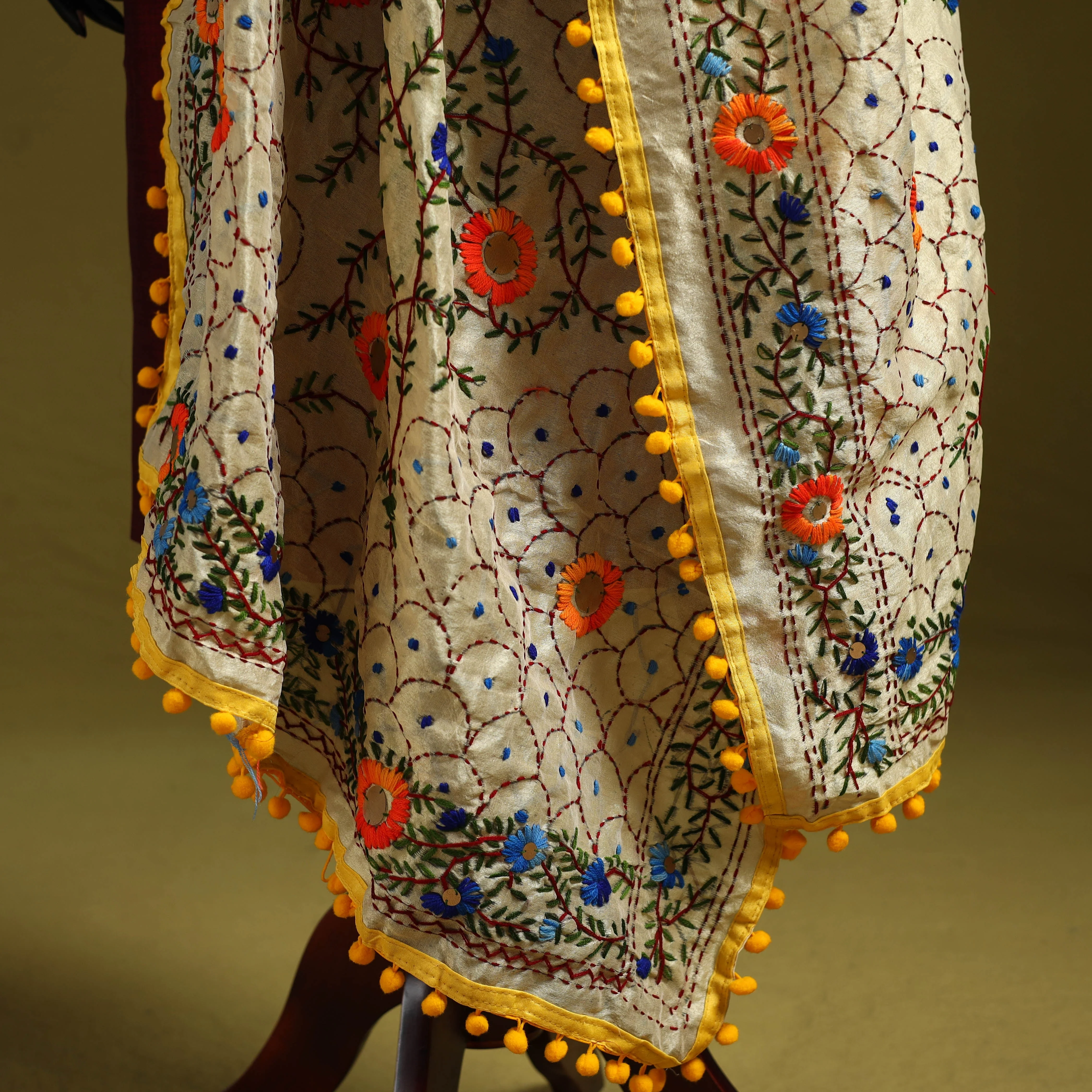 Beige - Ranihati Chapa Work Chanderi Silk Hand Embroidery Dupatta 123 - Image 4
