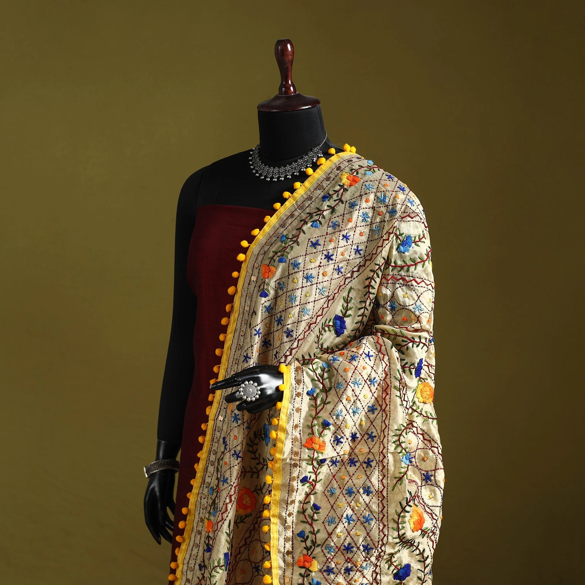 Beige - Ranihati Chapa Work Chanderi Silk Hand Embroidery Dupatta 132 - Image 2