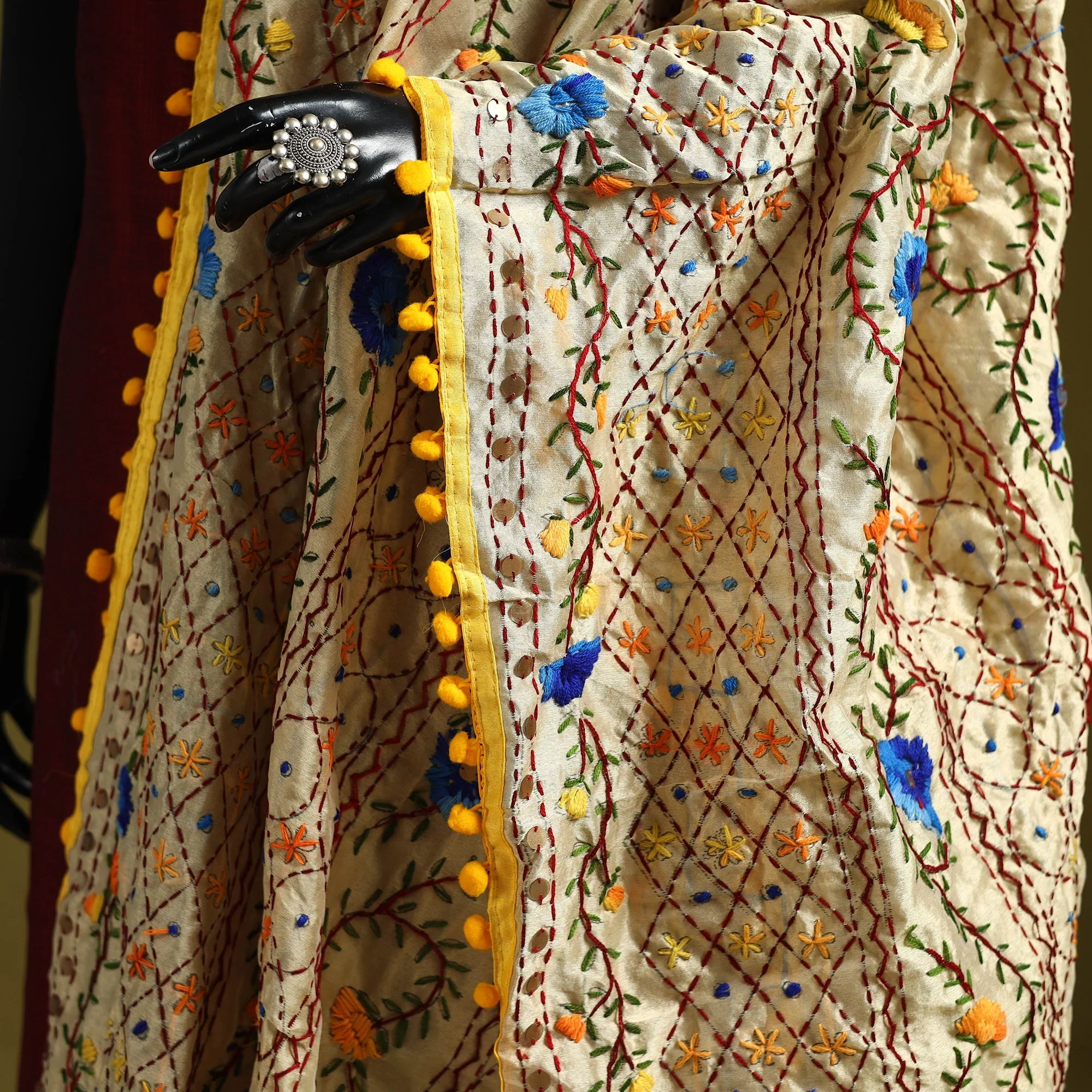 Beige - Ranihati Chapa Work Chanderi Silk Hand Embroidery Dupatta 142 - Image 3