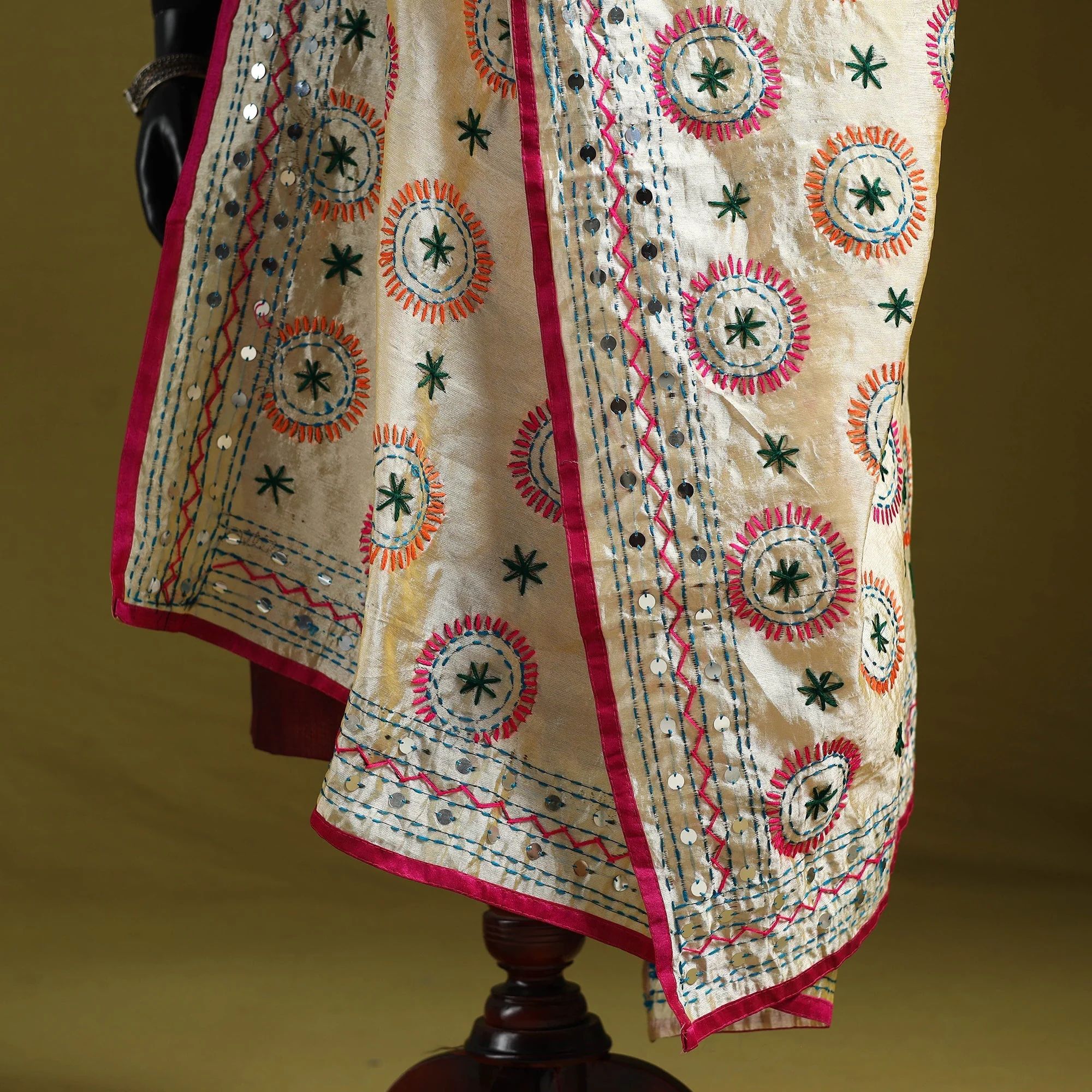 Peach - Ranihati Chapa Work Chanderi Silk Hand Embroidery Dupatta 55 - Image 4