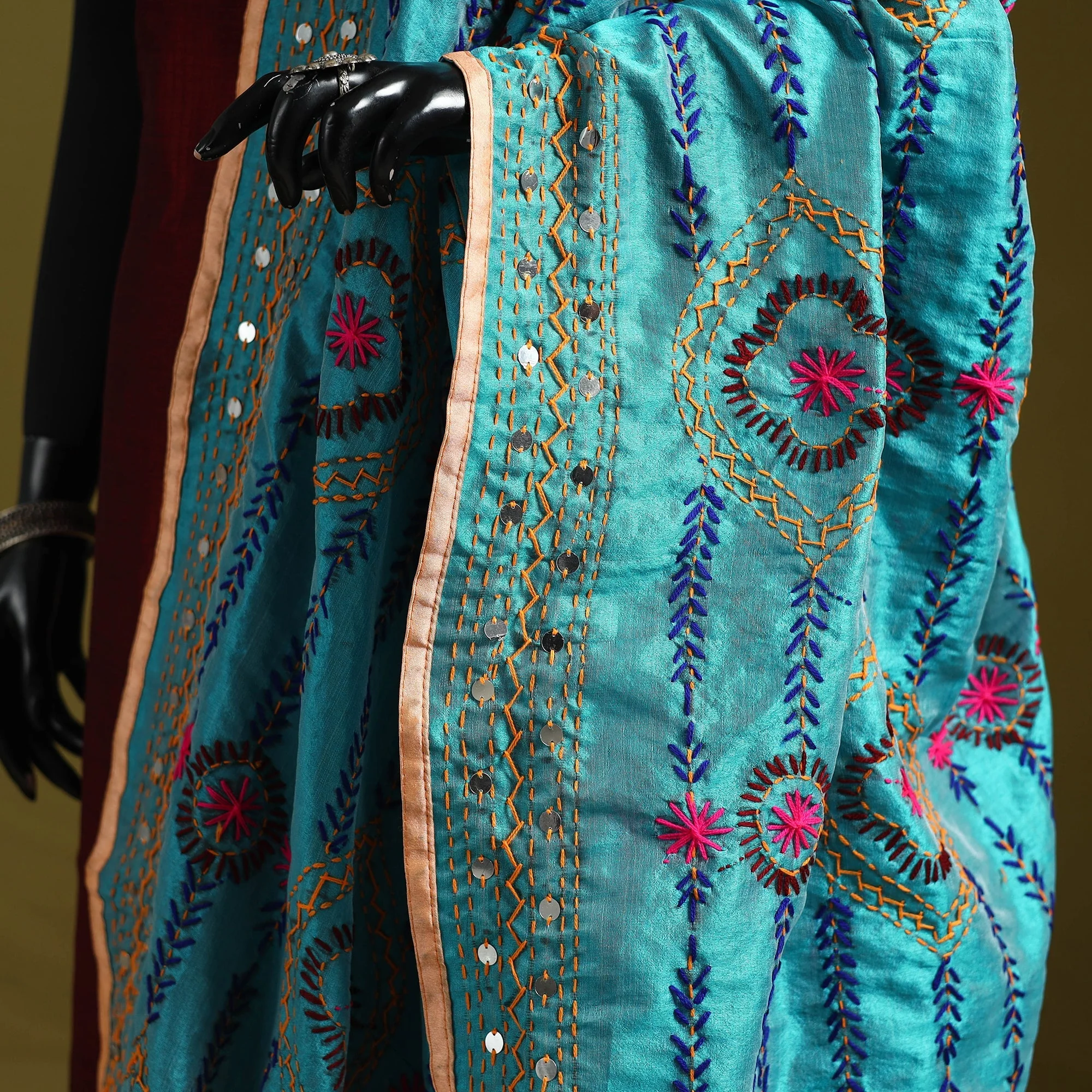 Blue - Ranihati Chapa Work Chanderi Silk Hand Embroidery Dupatta 56 - Image 3