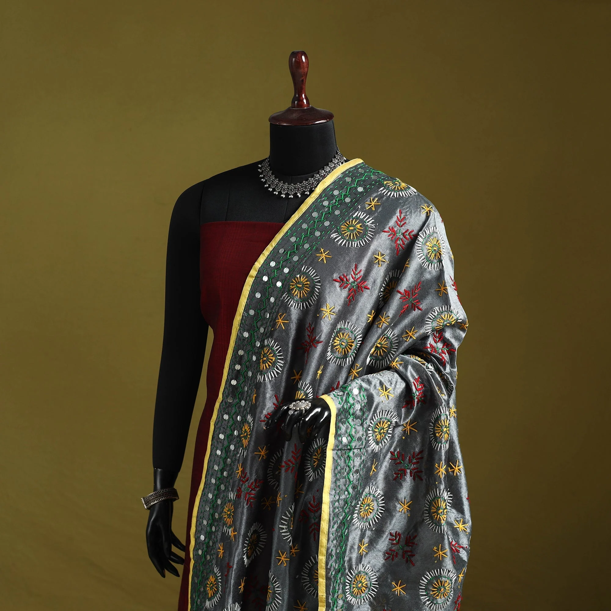 Grey - Ranihati Chapa Work Chanderi Silk Hand Embroidery Dupatta 57 - Image 2
