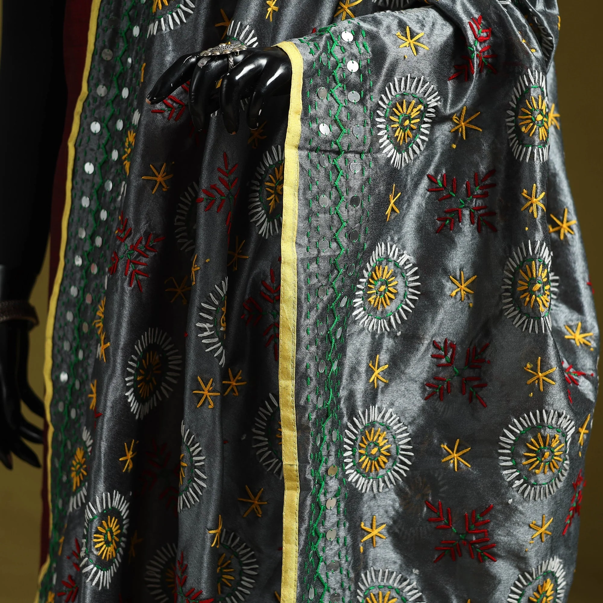 Grey - Ranihati Chapa Work Chanderi Silk Hand Embroidery Dupatta 57 - Image 3