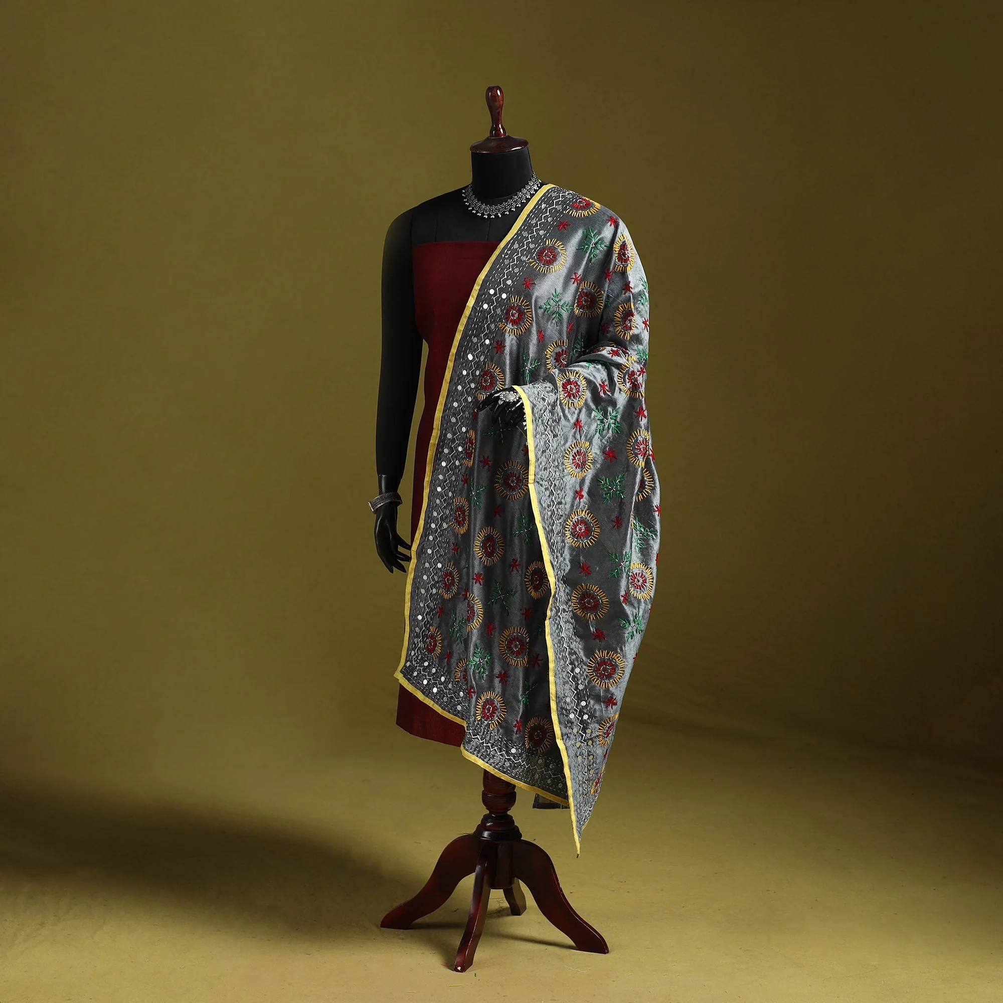 Grey - Ranihati Chapa Work Chanderi Silk Hand Embroidery Dupatta 60