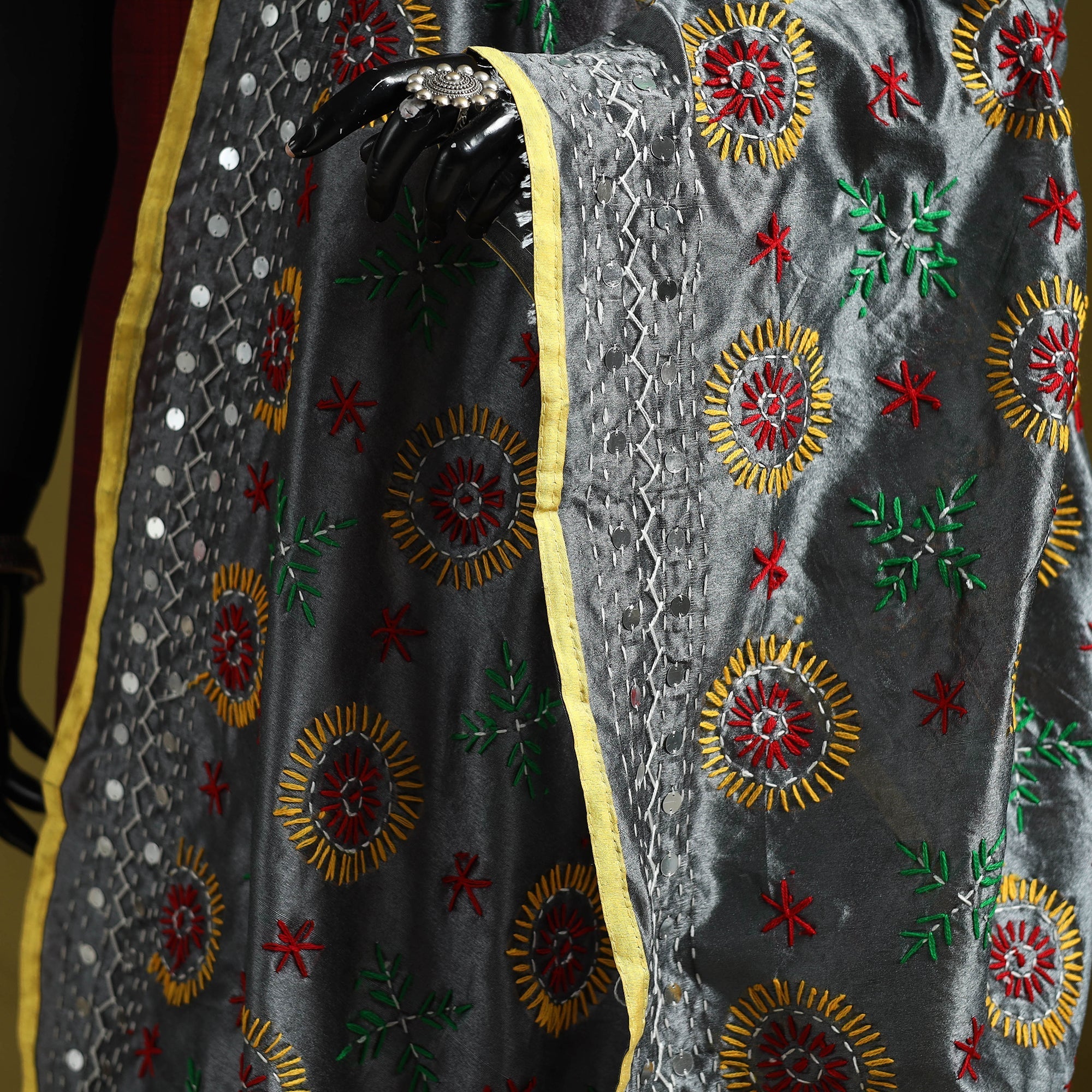 Grey - Ranihati Chapa Work Chanderi Silk Hand Embroidery Dupatta 60 - Image 3