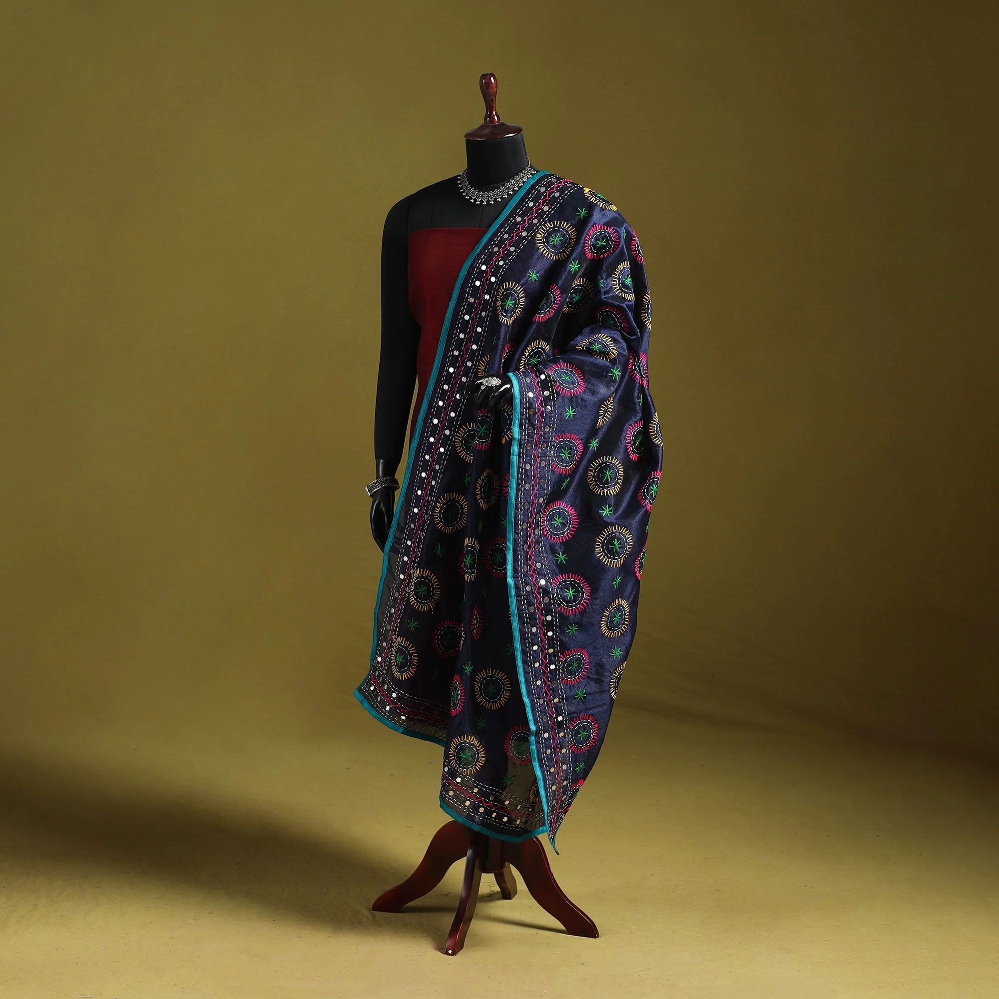 Blue - Ranihati Chapa Work Chanderi Silk Hand Embroidery Dupatta 66