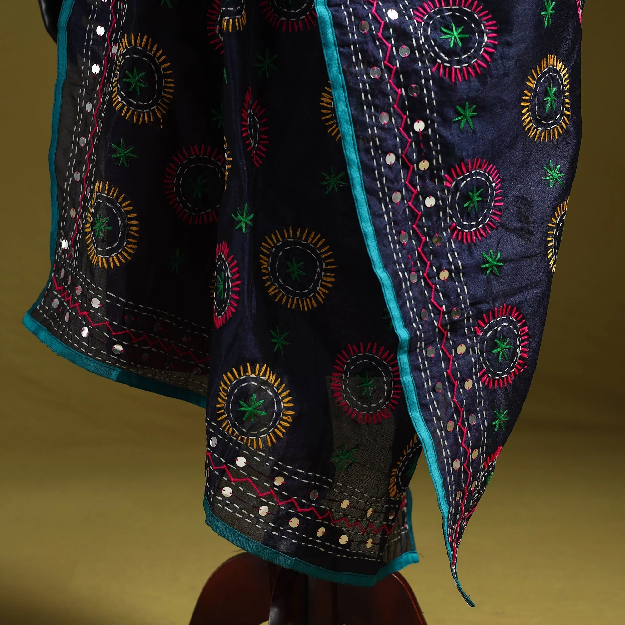 Blue - Ranihati Chapa Work Chanderi Silk Hand Embroidery Dupatta 66 - Image 4