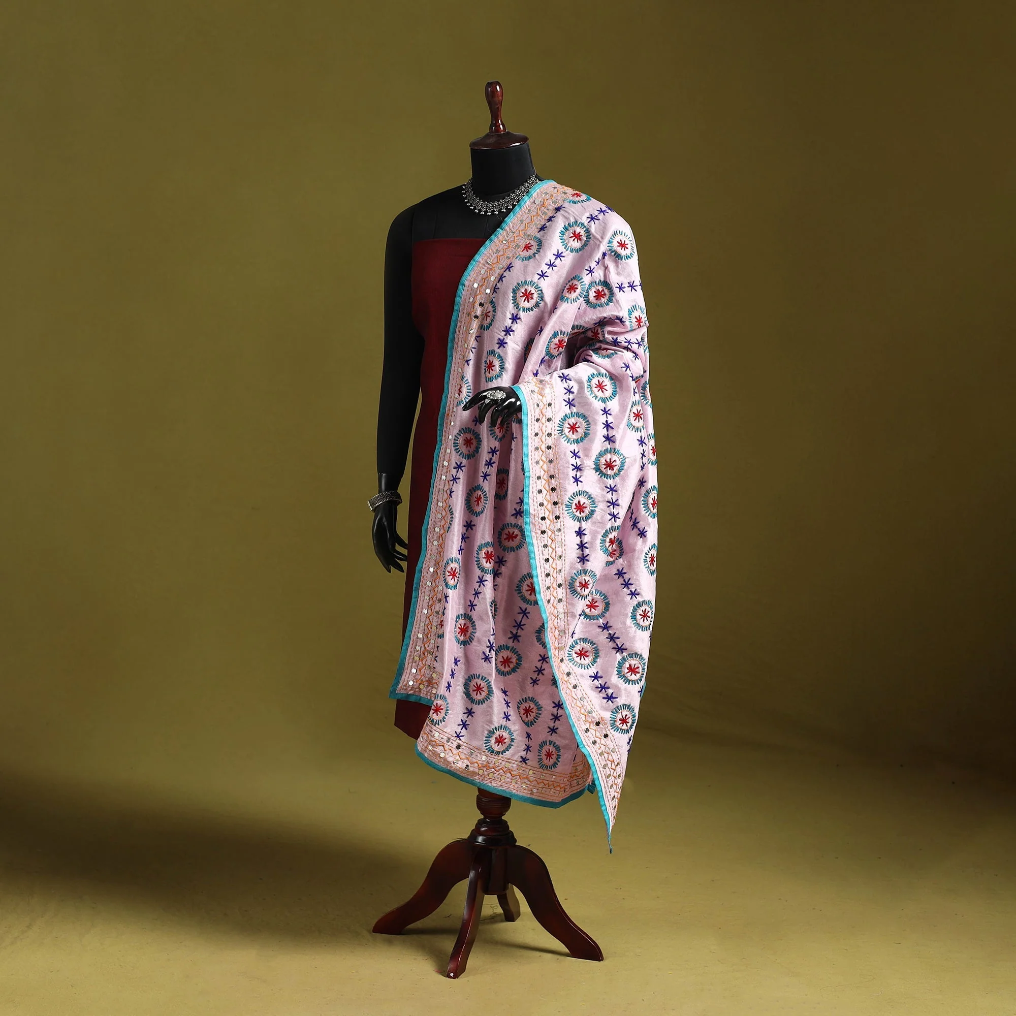 Pink - Ranihati Chapa Work Chanderi Silk Hand Embroidery Dupatta 74