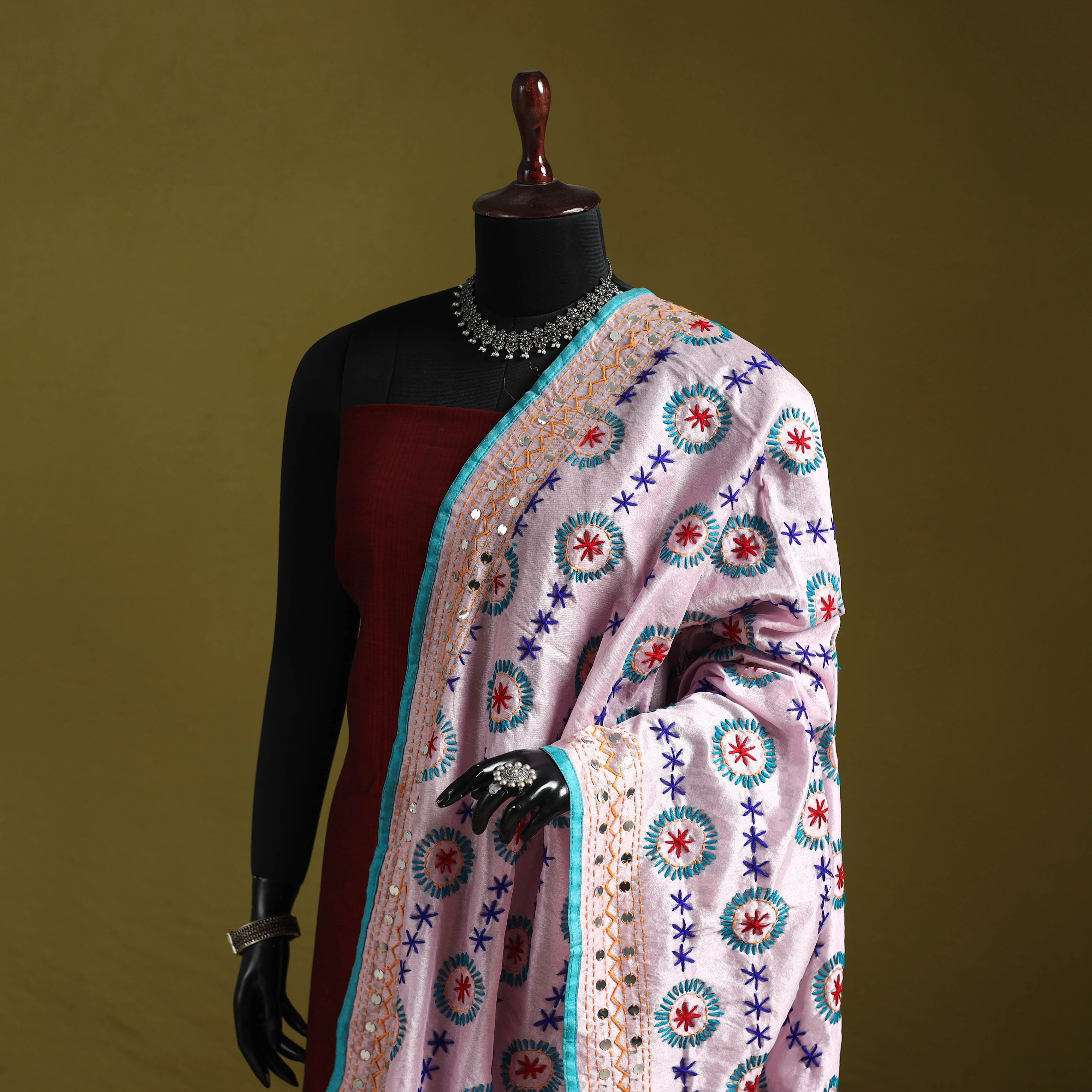 Pink - Ranihati Chapa Work Chanderi Silk Hand Embroidery Dupatta 74 - Image 2