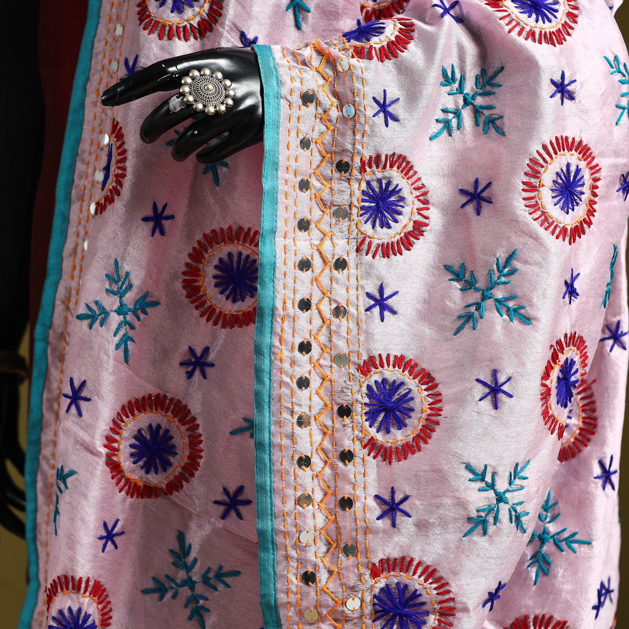 Pink - Ranihati Chapa Work Chanderi Silk Hand Embroidery Dupatta 82 - Image 3
