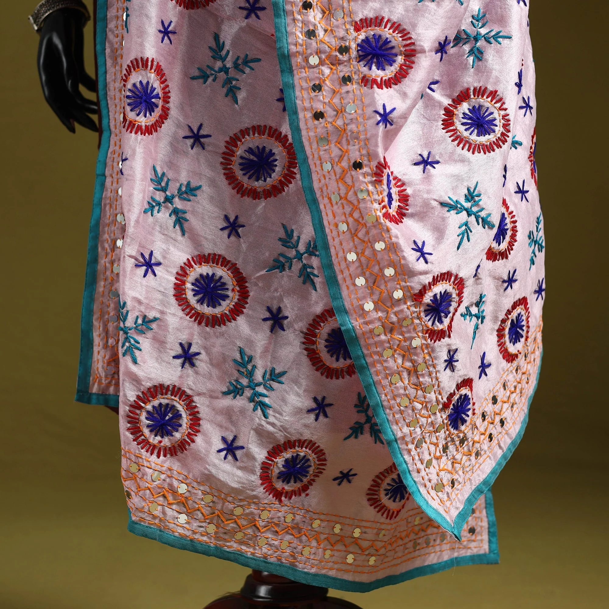 Pink - Ranihati Chapa Work Chanderi Silk Hand Embroidery Dupatta 82 - Image 4