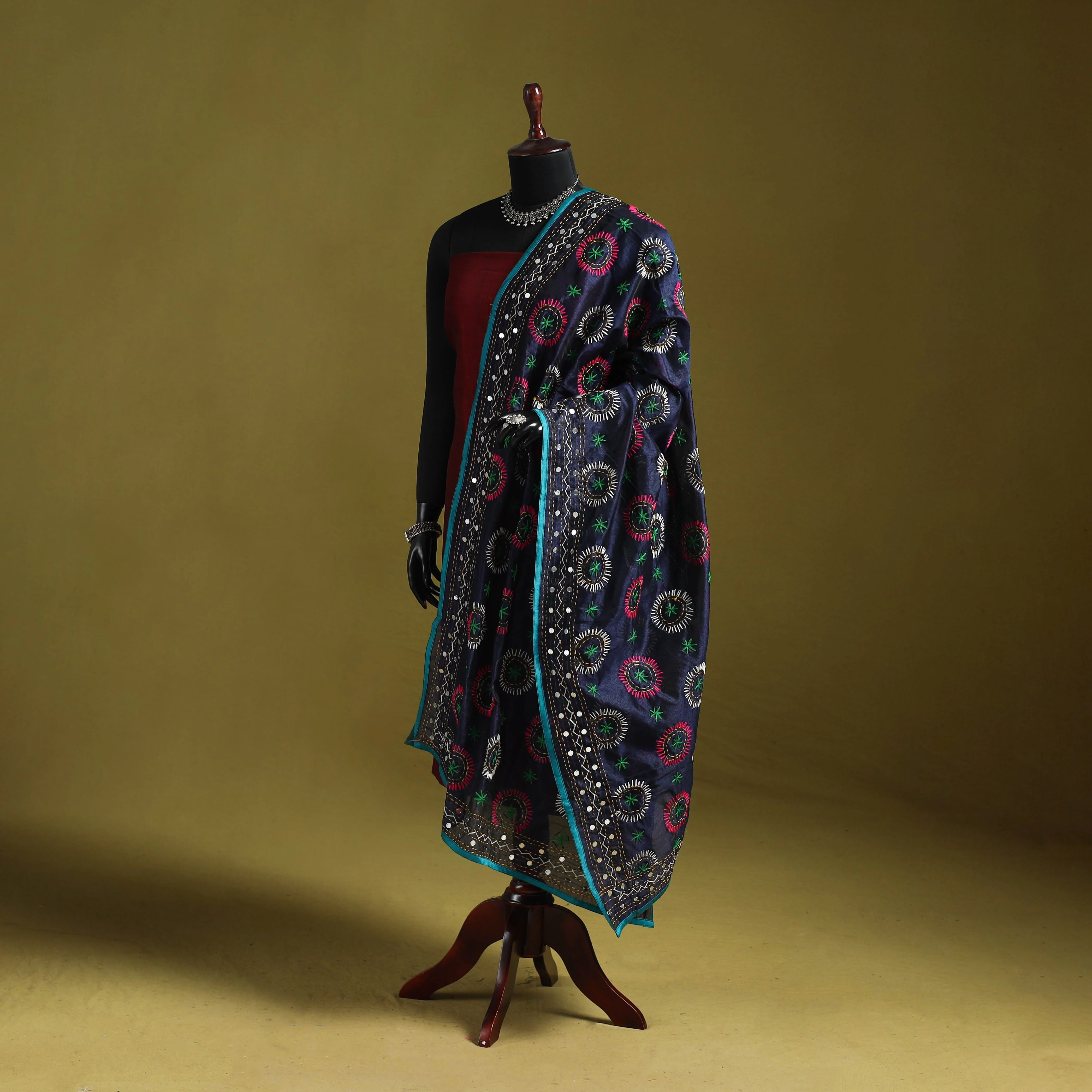Blue - Ranihati Chapa Work Chanderi Silk Hand Embroidery Dupatta 84