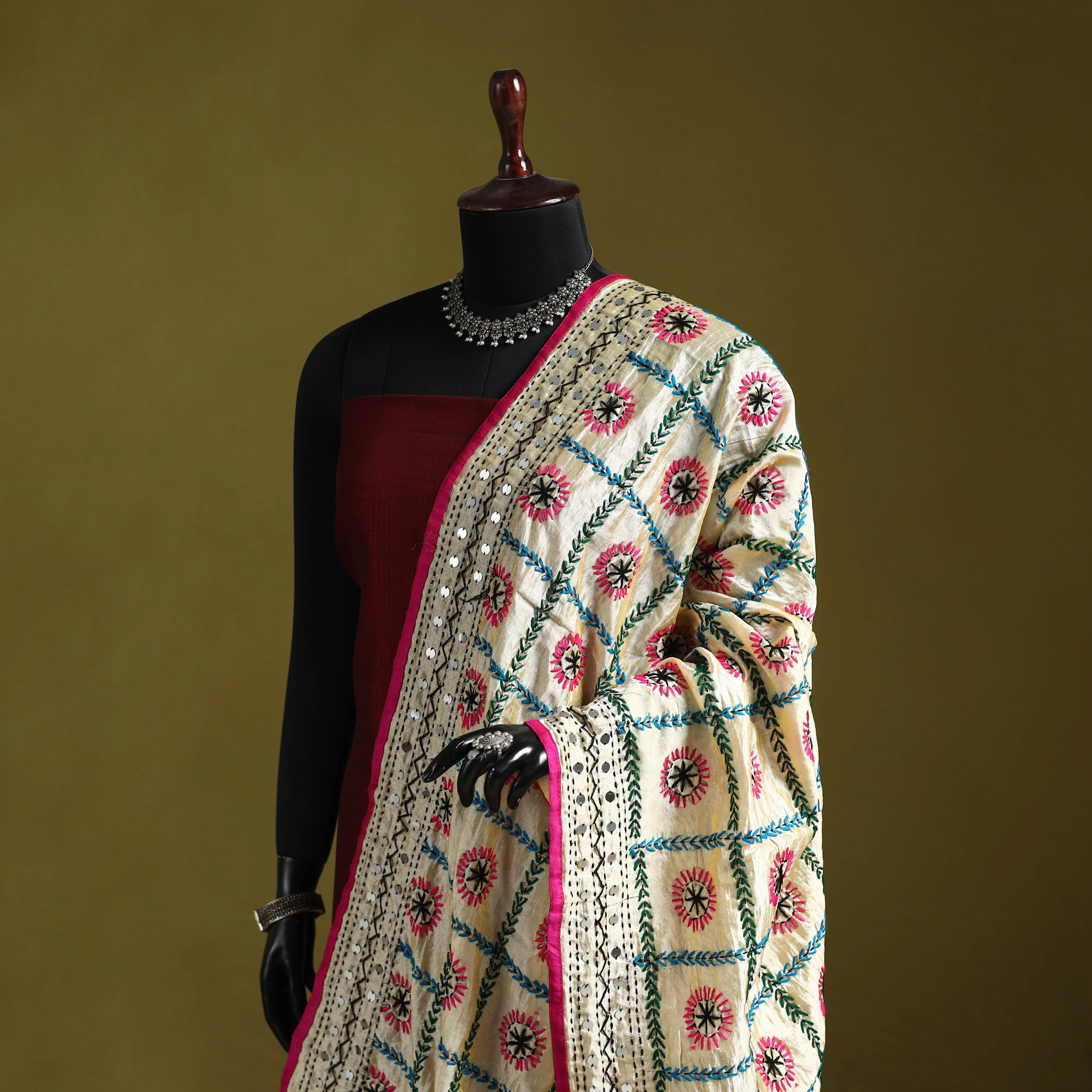 Peach - Ranihati Chapa Work Chanderi Silk Hand Embroidery Dupatta 85 - Image 2