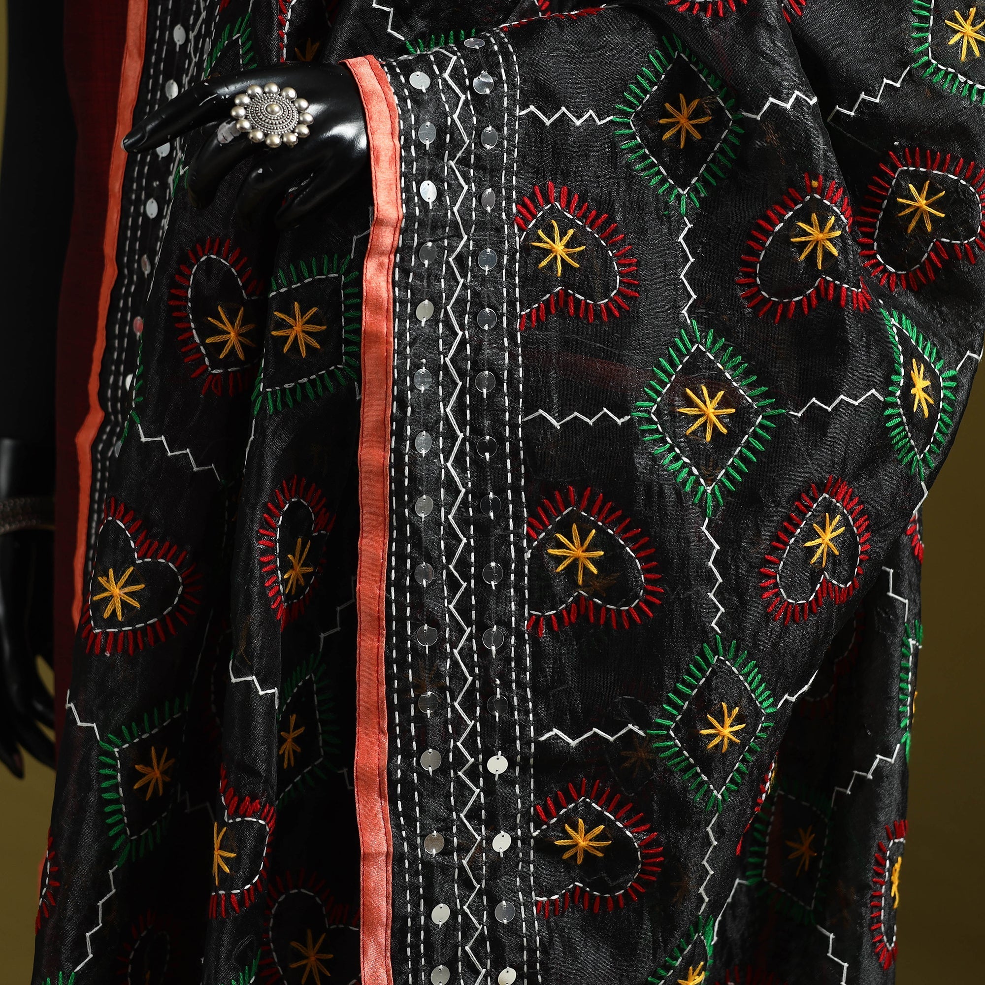 Black - Ranihati Chapa Work Chanderi Silk Hand Embroidery Dupatta 92 - Image 3