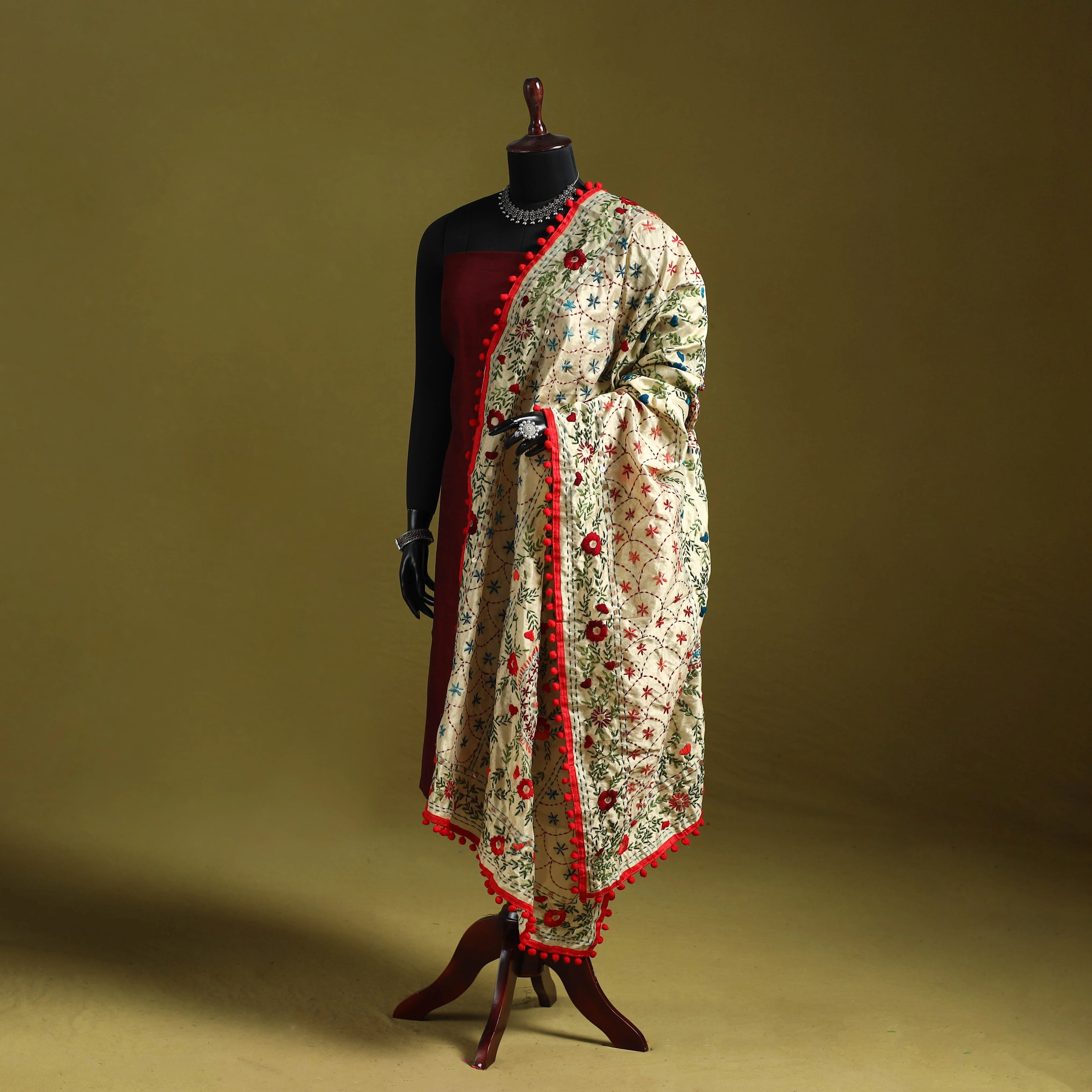 Beige - Ranihati Chapa Work Chanderi Silk Hand Embroidery Dupatta 96