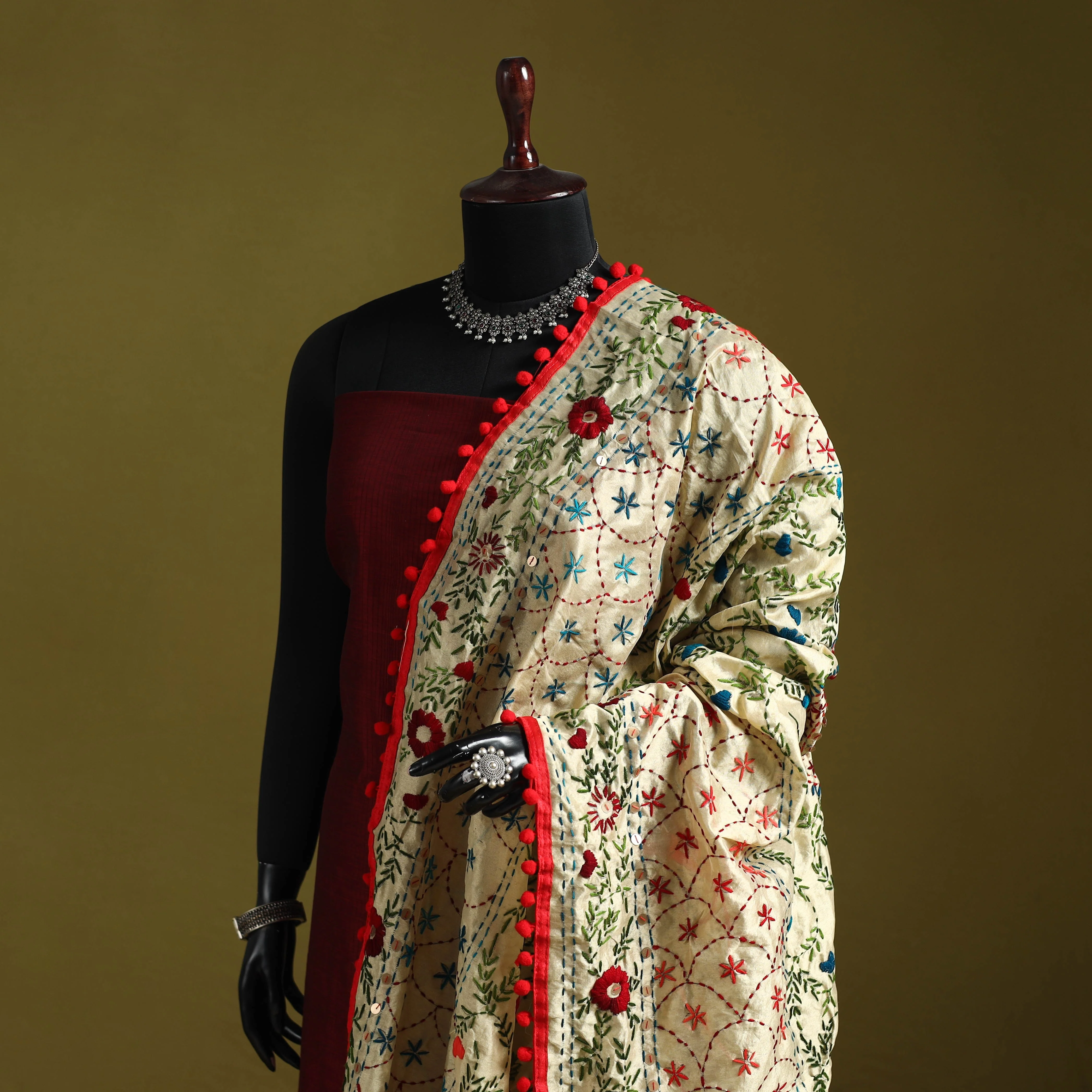 Beige - Ranihati Chapa Work Chanderi Silk Hand Embroidery Dupatta 96 - Image 2