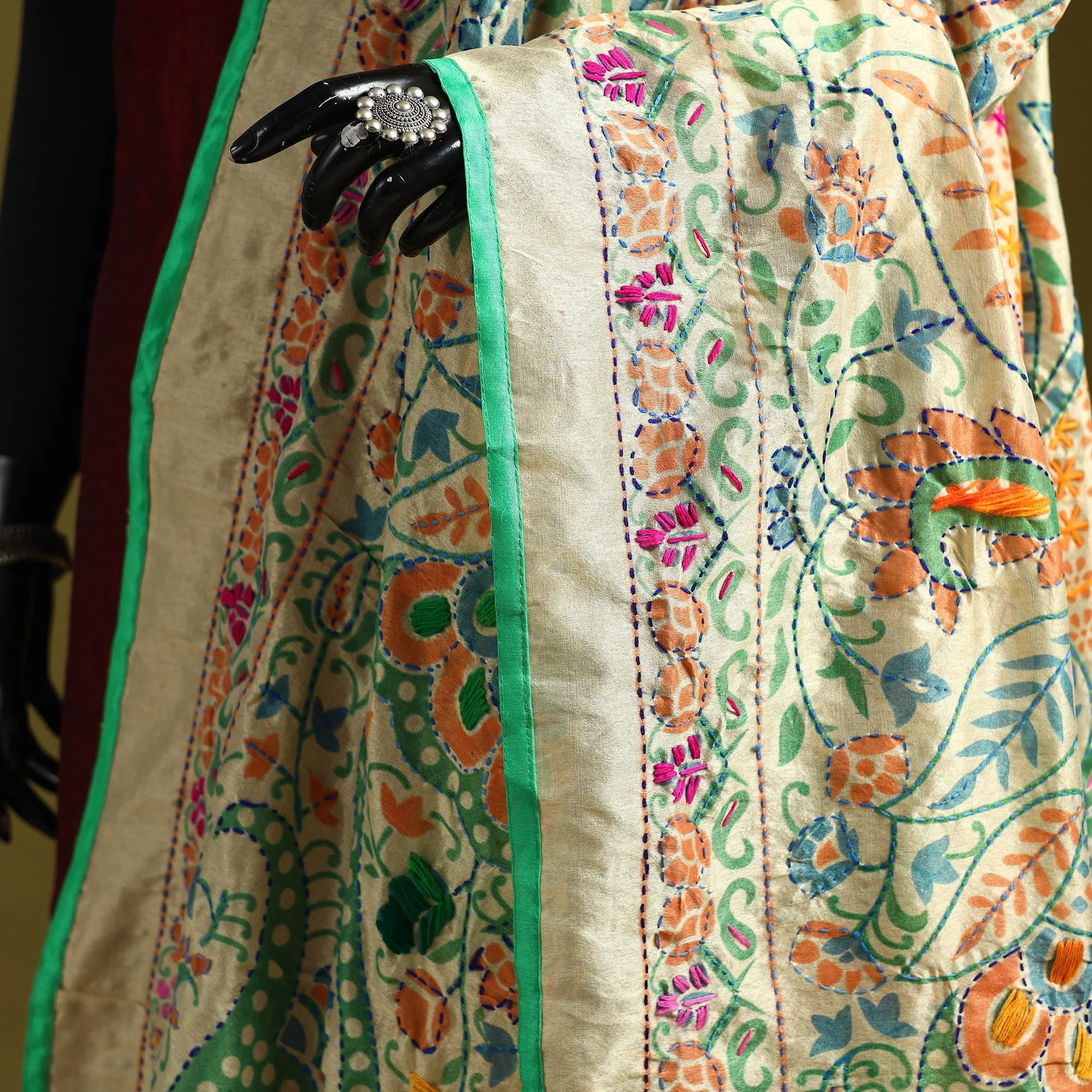 Beige - Ranihati Madhubani Chapa Work Chanderi Silk Hand Embroidery Dupatta 172 - Image 3