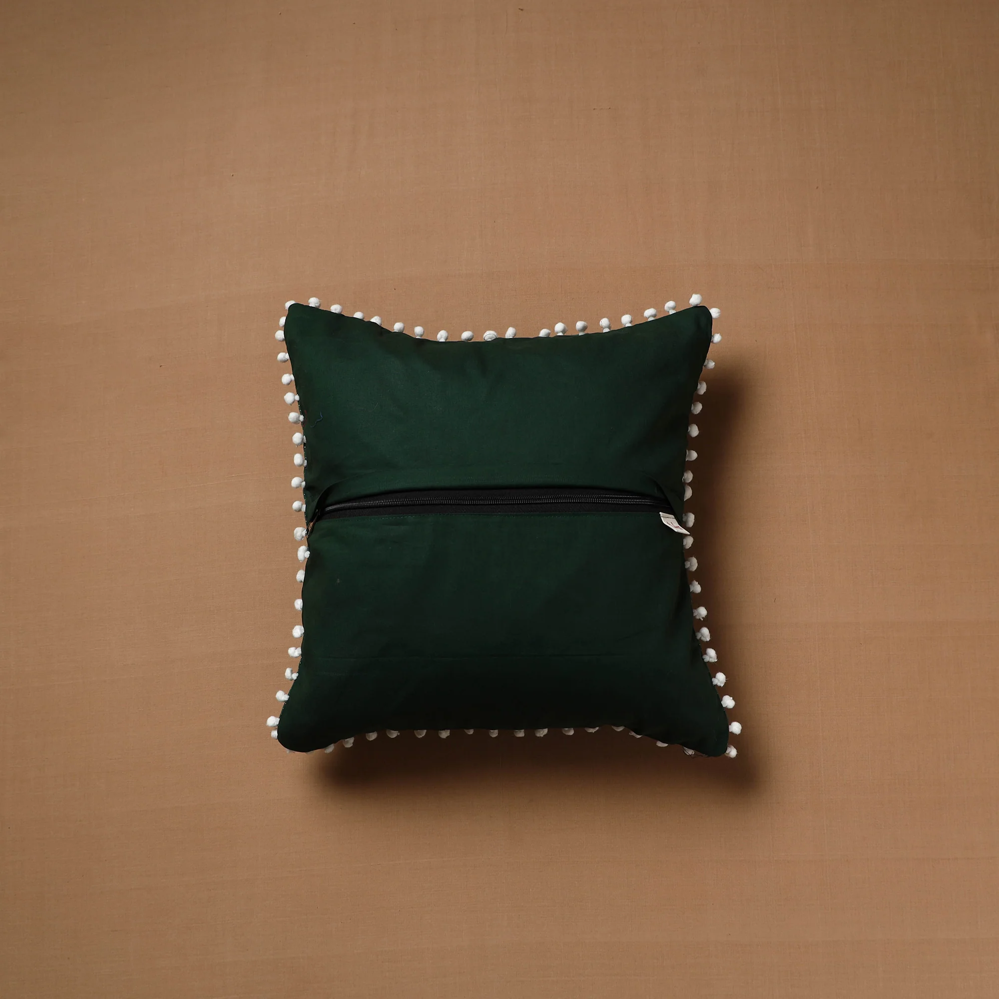 Green - Running Stitch Plain Cushion Cover with Pom Pom (16 x 16 in) 08 - Image 3