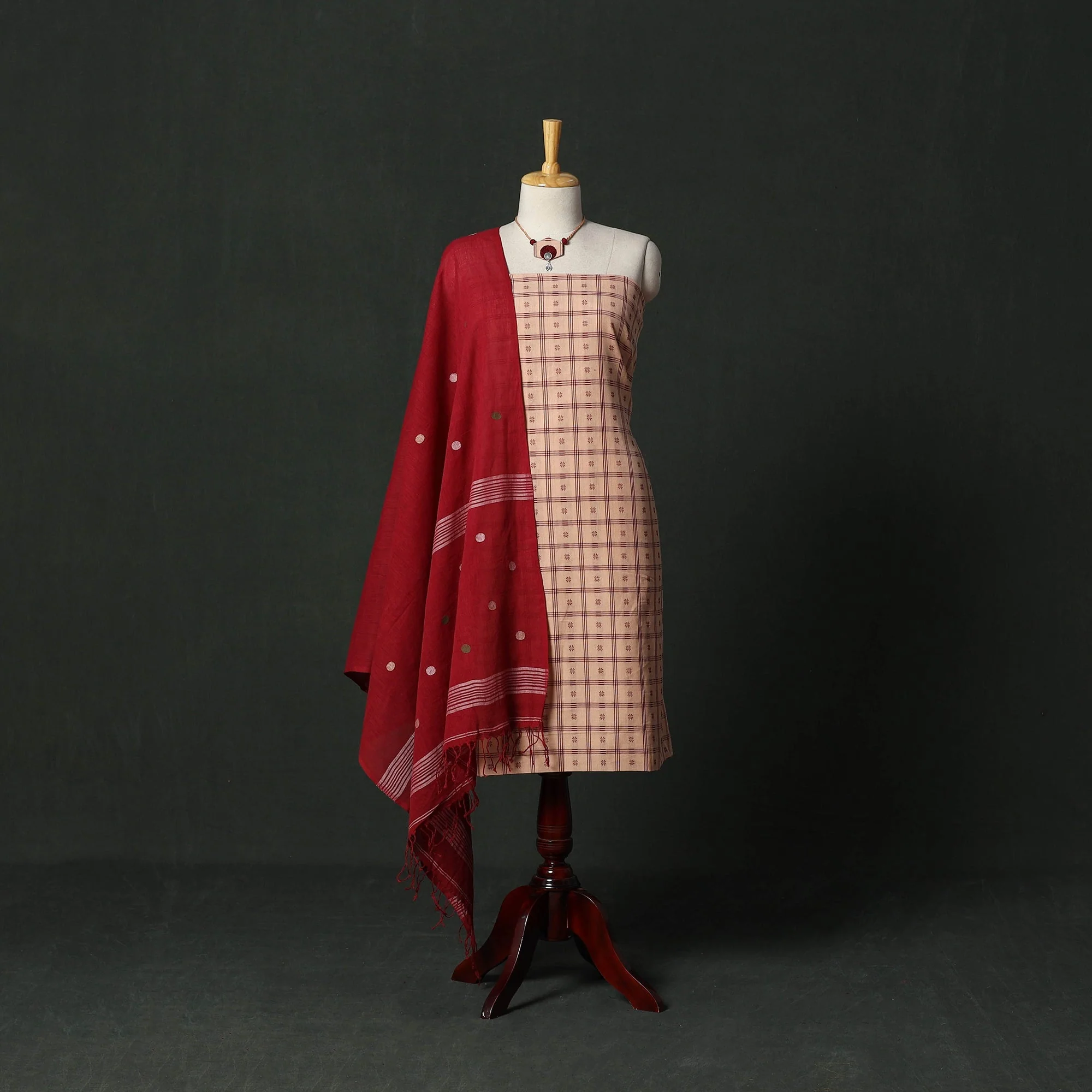 Beige - Sambalpuri Embroidered Cotton 2pc Unstitched Dress Material with Jewellery Set 30