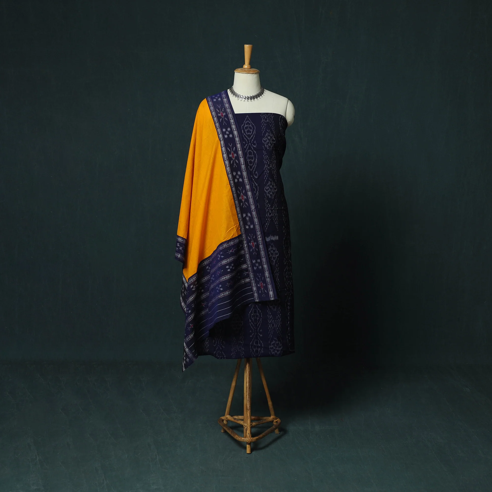 Blue - Sambalpuri Ikat Cotton 3pc Unstitched Dress Material Suit Set 21