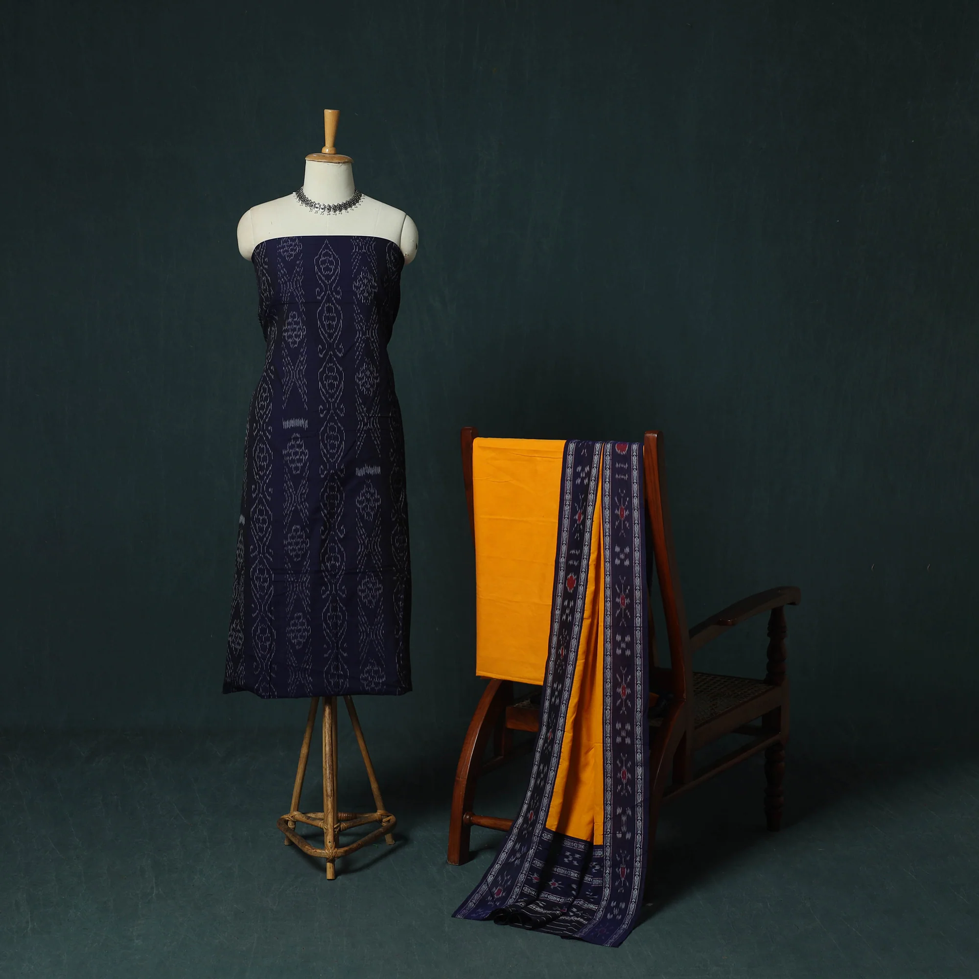 Blue - Sambalpuri Ikat Cotton 3pc Unstitched Dress Material Suit Set 21 - Image 2
