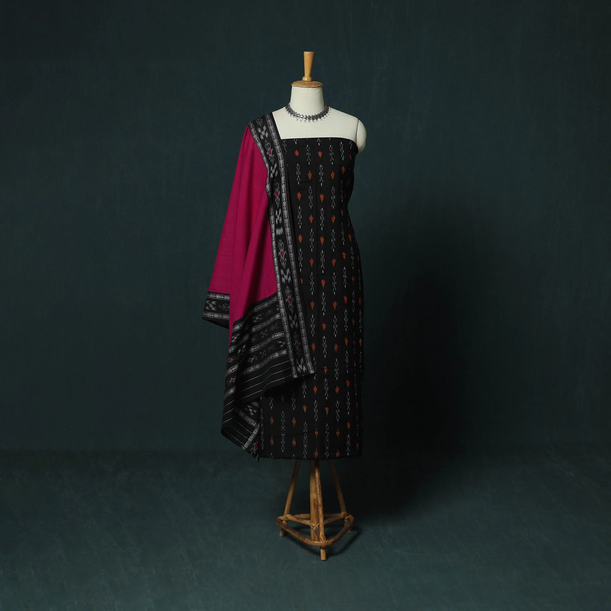 Black - Sambalpuri Ikat Cotton 3pc Unstitched Dress Material Suit Set 29
