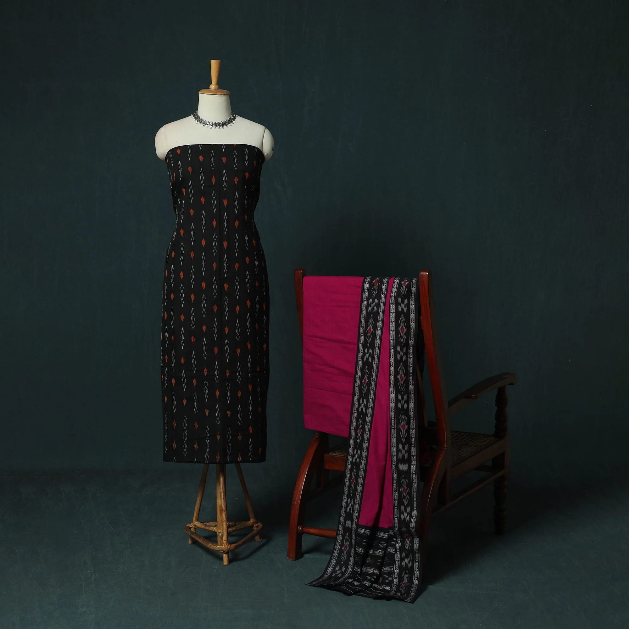 Black - Sambalpuri Ikat Cotton 3pc Unstitched Dress Material Suit Set 29 - Image 2