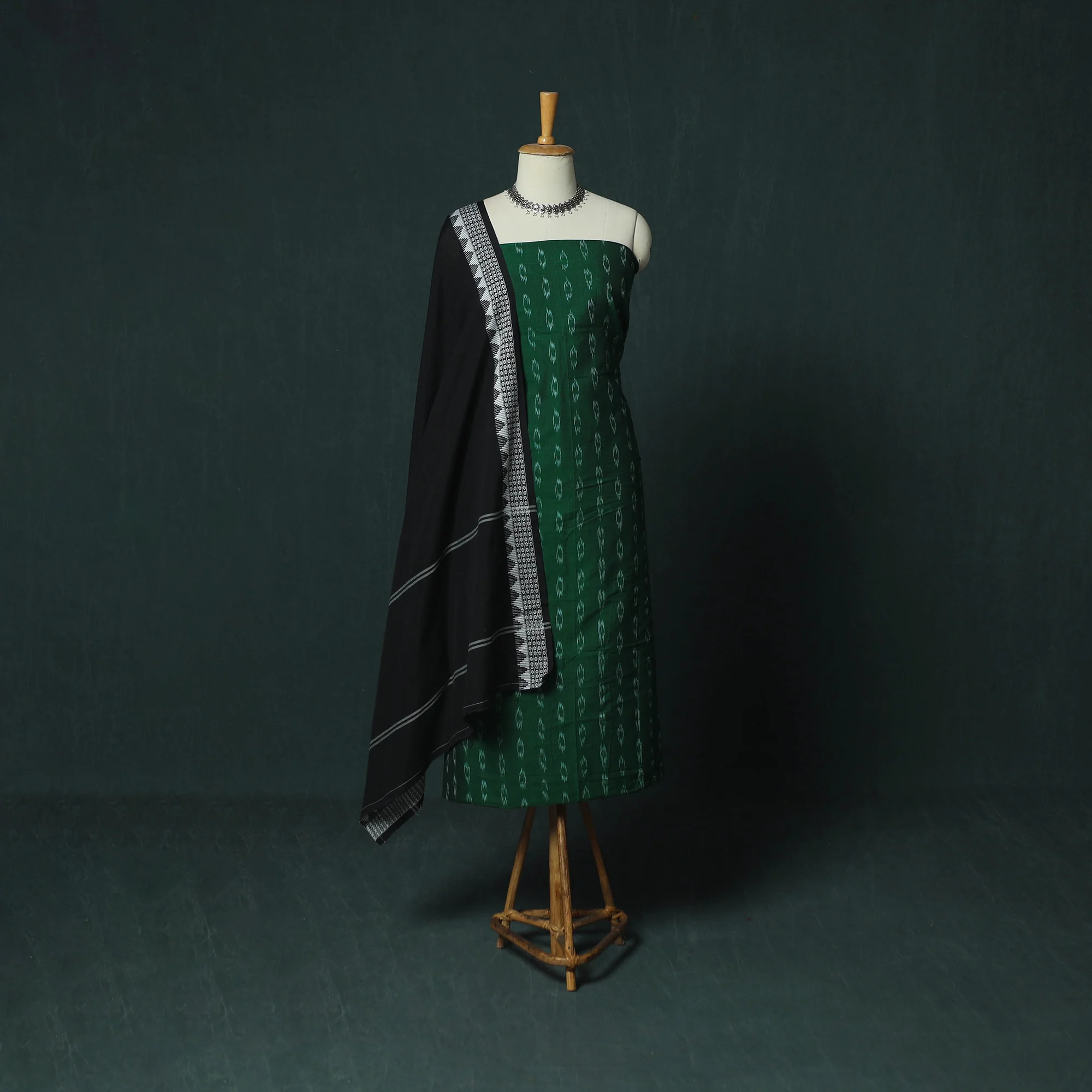 Green - Sambalpuri Ikat Cotton 3pc Unstitched Dress Material Suit Set 30