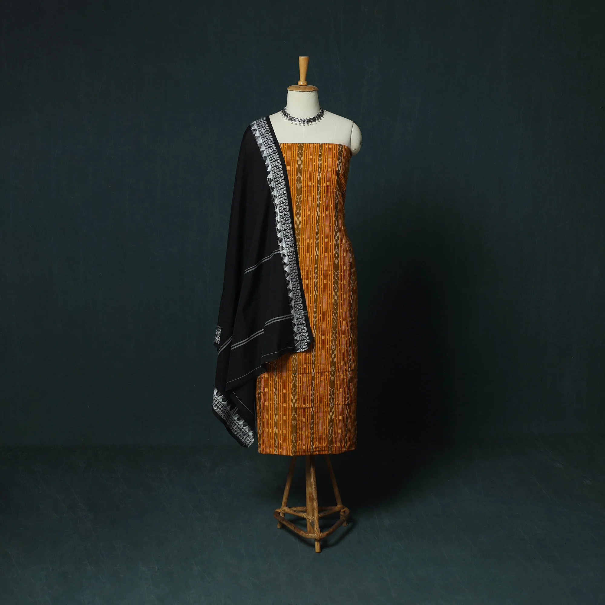 Yellow - Sambalpuri Ikat Cotton 3pc Unstitched Dress Material Suit Set 33