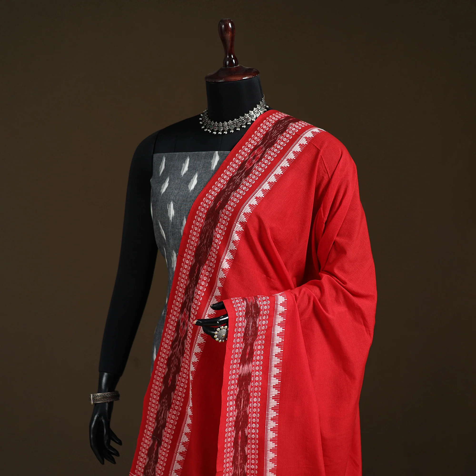 Red - Sambalpuri Ikat Cotton Dupatta from Odisha 08 - Image 2