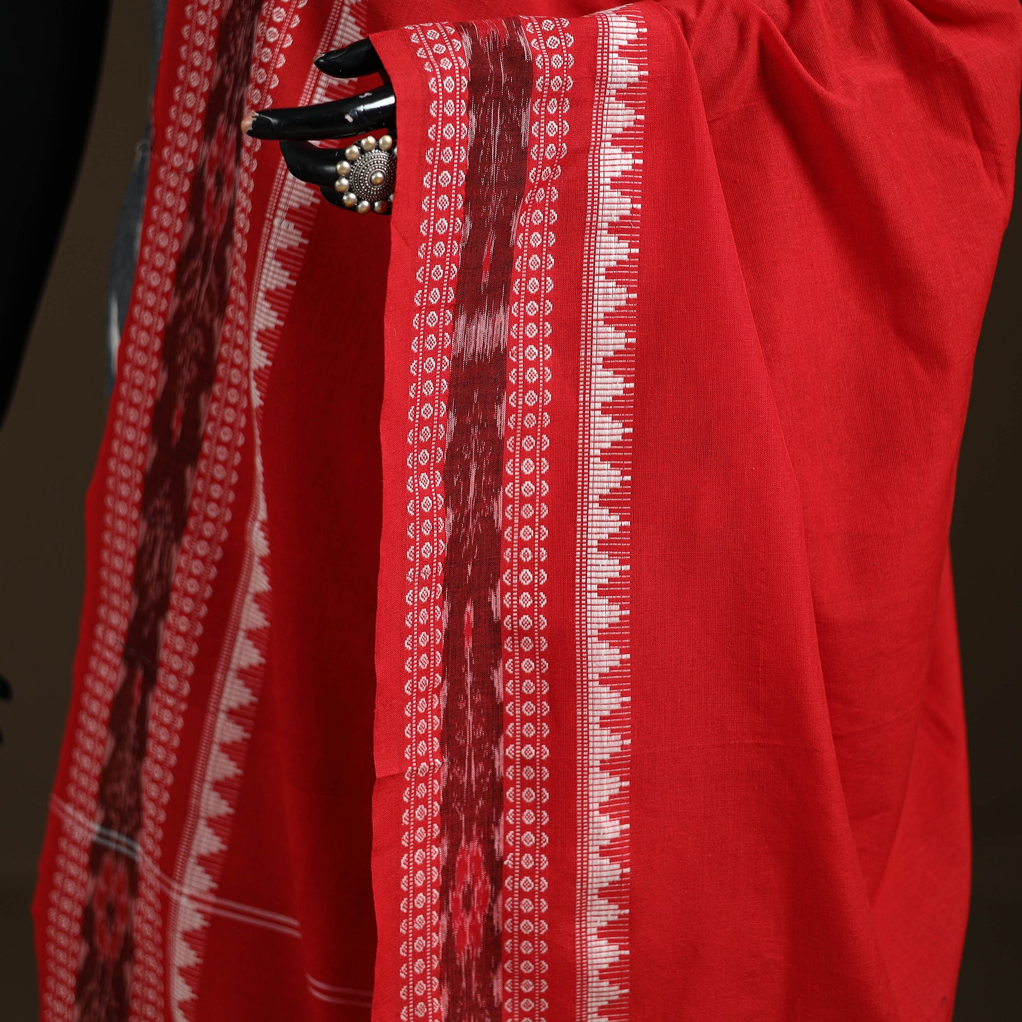 Red - Sambalpuri Ikat Cotton Dupatta from Odisha 08 - Image 3