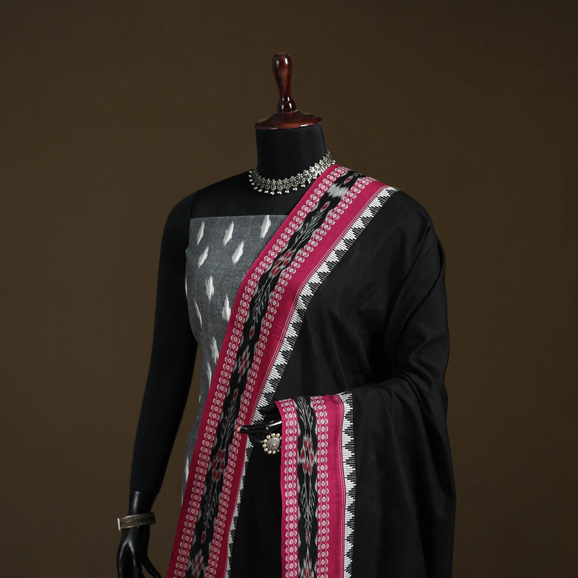 Black - Sambalpuri Ikat Cotton Dupatta from Odisha 36 - Image 2