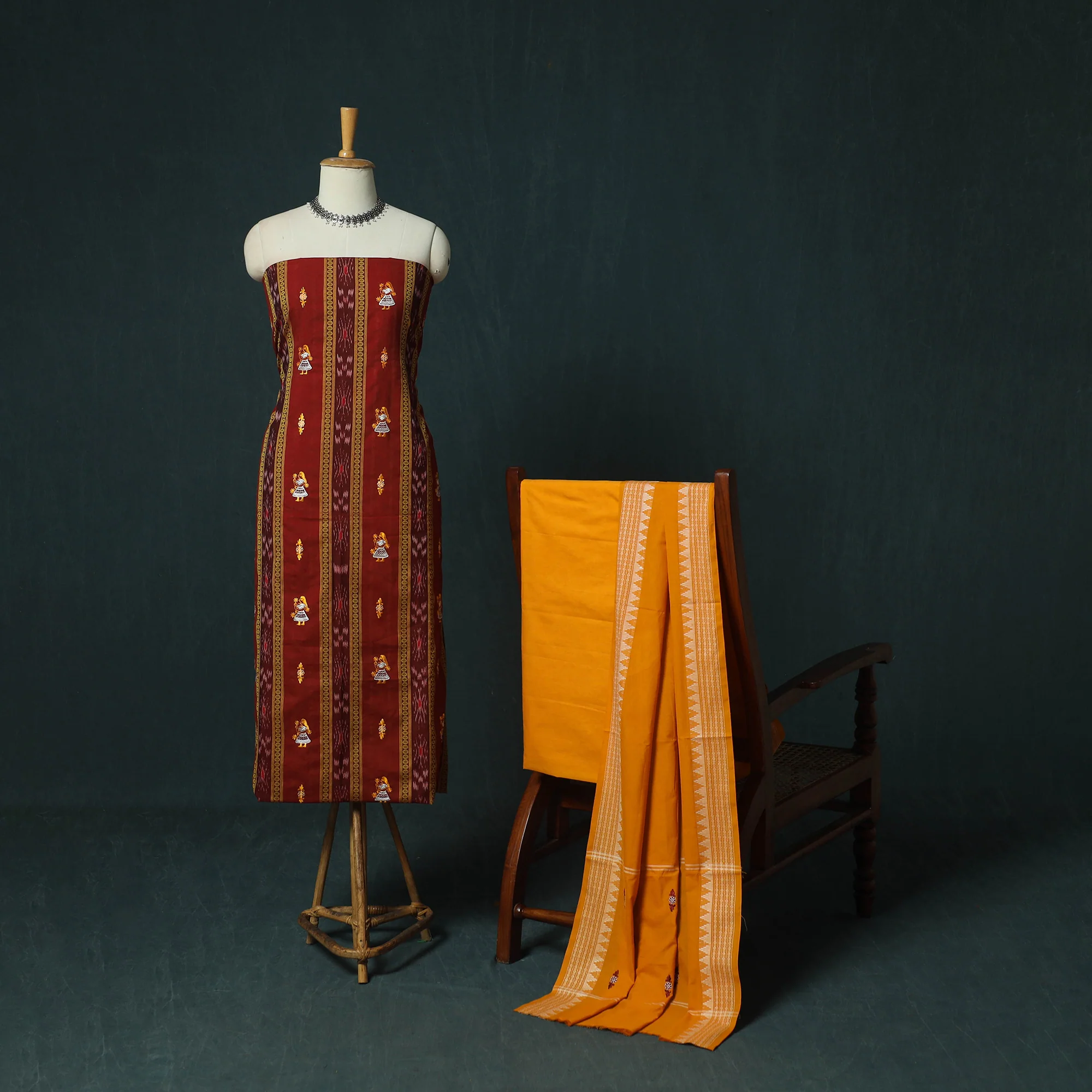 Maroon - Sambalpuri Ikat Embroidered Cotton 3pc Unstitched Dress Material Suit Set 11 - Image 2