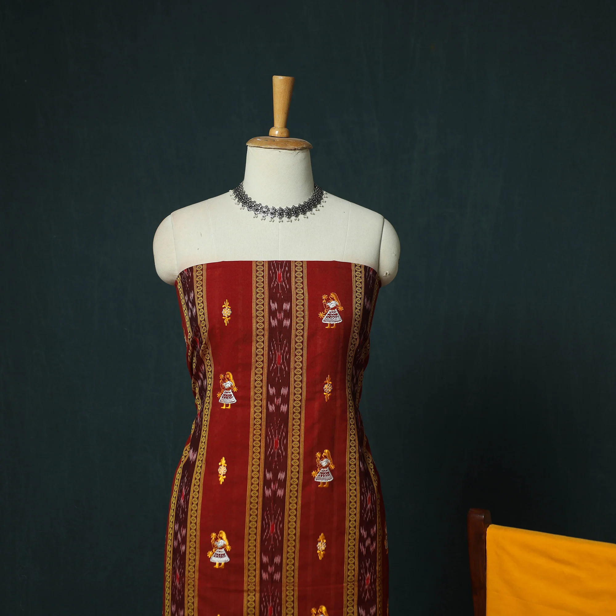 Maroon - Sambalpuri Ikat Embroidered Cotton 3pc Unstitched Dress Material Suit Set 11 - Image 3