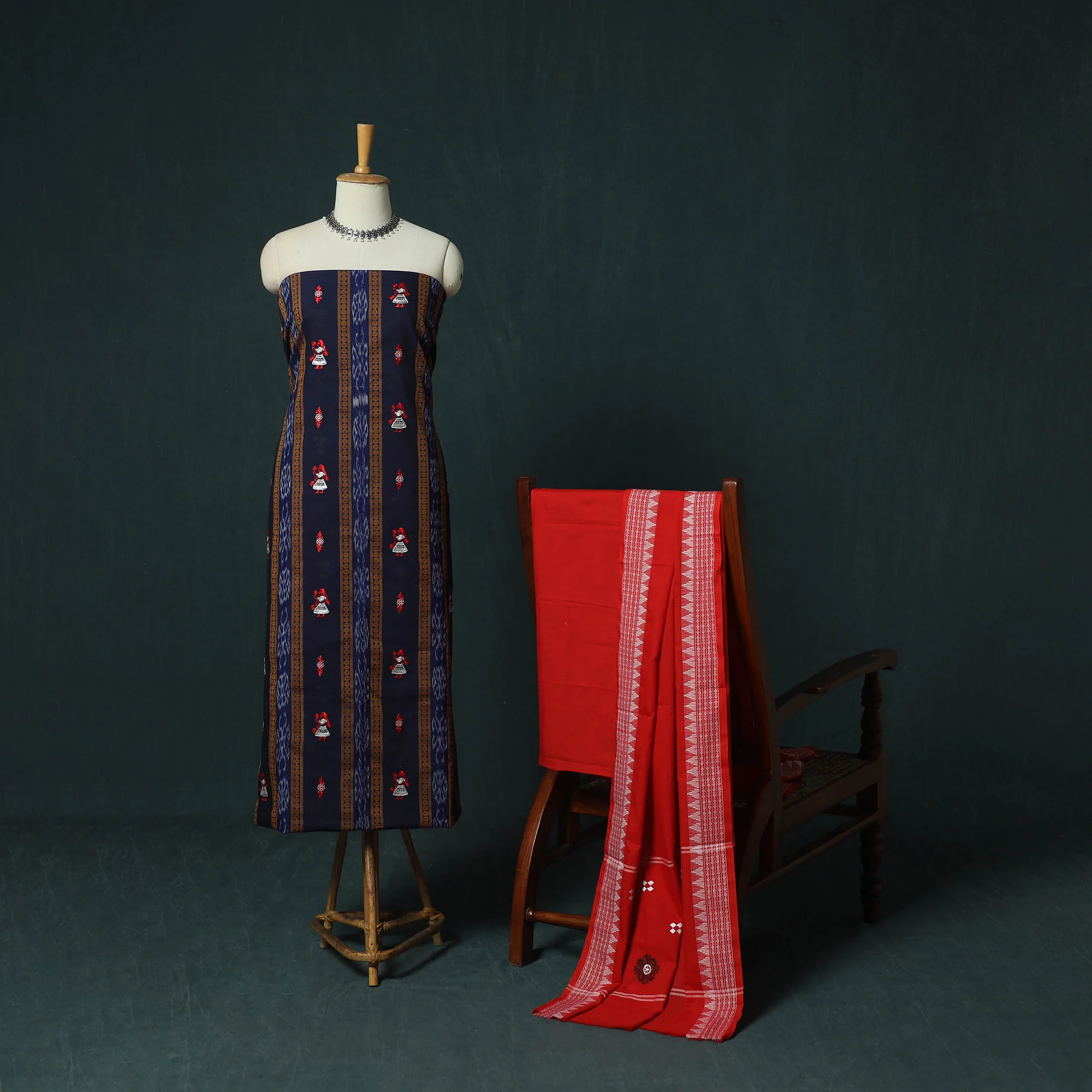 Blue - Sambalpuri Ikat Embroidered Cotton 3pc Unstitched Dress Material Suit Set 12 - Image 2