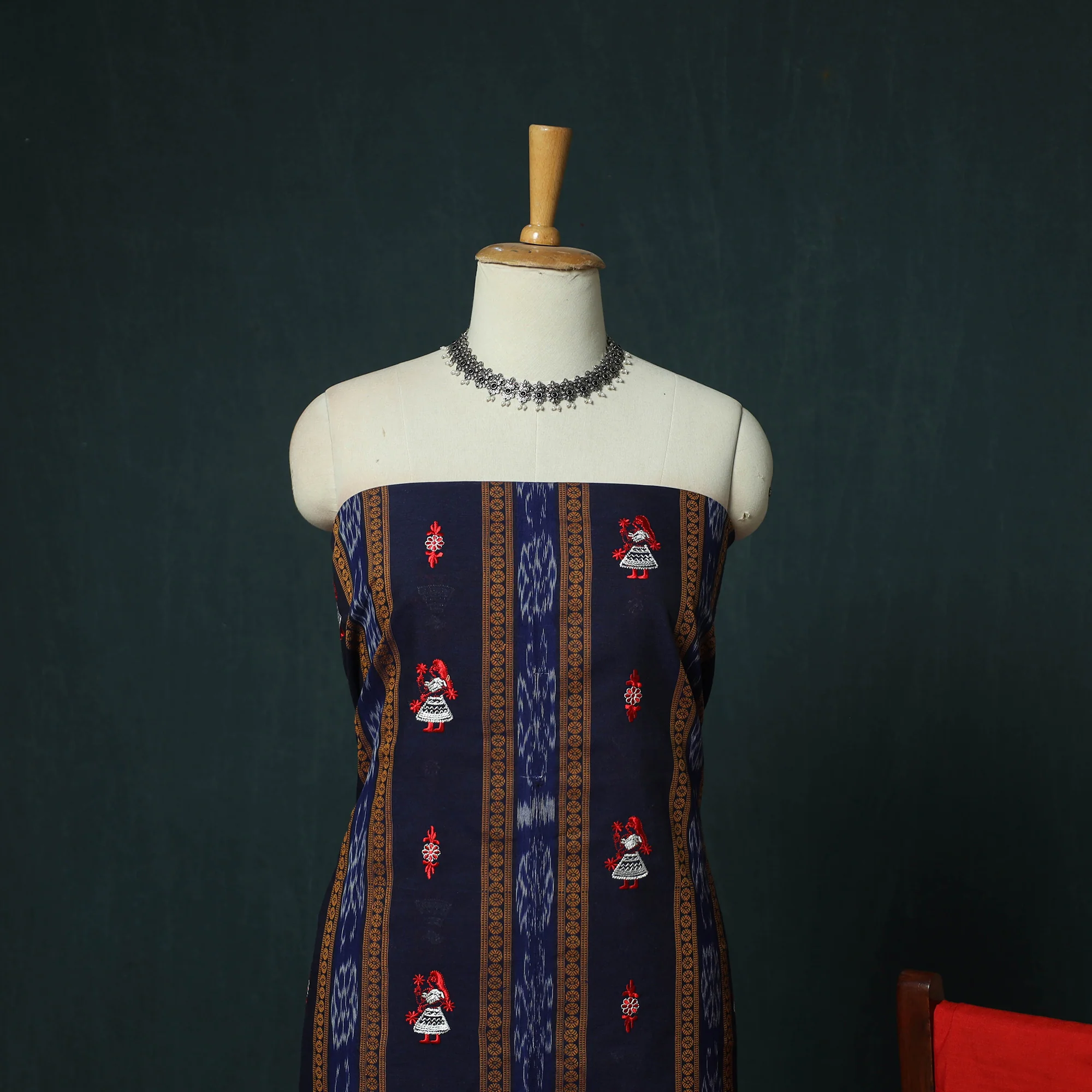 Blue - Sambalpuri Ikat Embroidered Cotton 3pc Unstitched Dress Material Suit Set 12 - Image 3