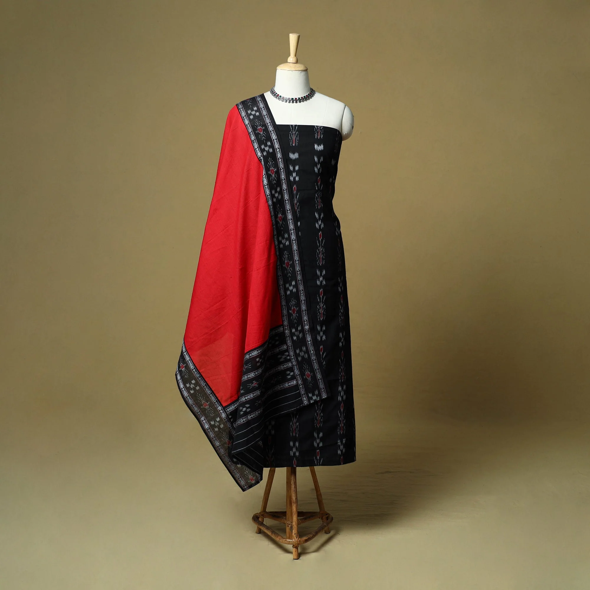 Black - Sambalpuri Ikat Handloom Cotton 3pc Unstitched Dress Material  11 - Image 2
