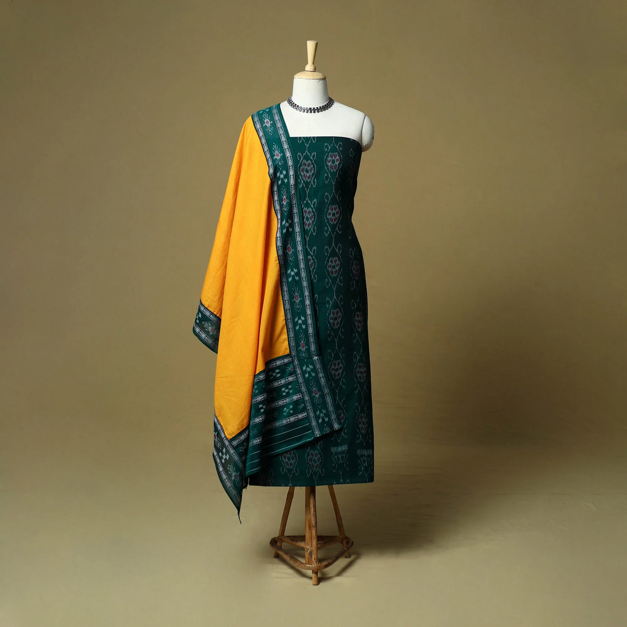 Green - Sambalpuri Ikat Handloom Cotton 3pc Unstitched Dress Material  23 - Image 2